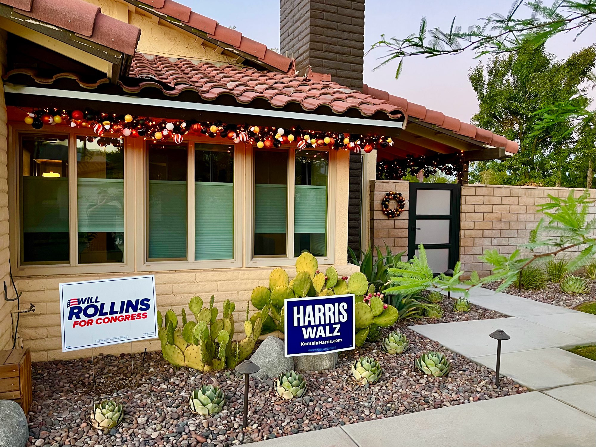 Photo of the front of my house - ready for Halloween and the 2024 Election - Harris for President - Will Rollins for Congress CA-41