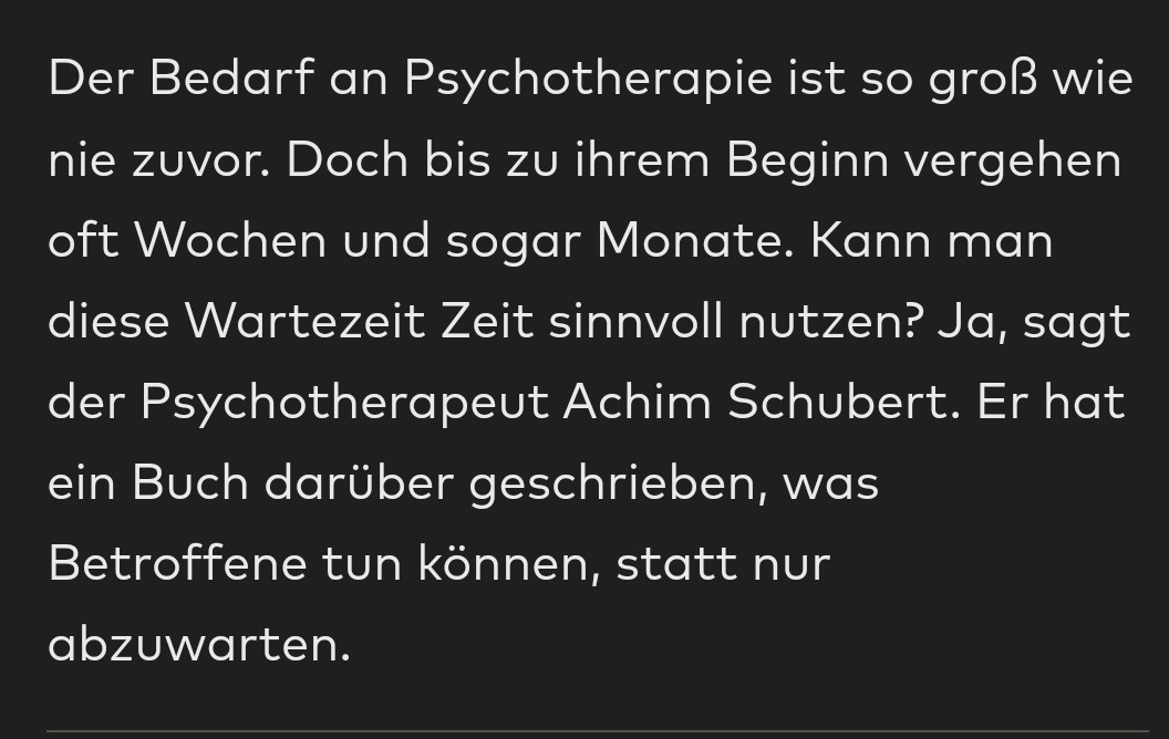 screenshot des lesbaren teils vor der bezahlschranke aus dem artikel: "Der Bedarf an Psychotherapie ist so groß wie nie zuvor. Doch bis zu ihrem Beginn vergehen oft Wochen und sogar Monate. Kann man diese Wartezeit Zeit sinnvoll nutzen? Ja, sagt der Psychotherapeut Achim Schubert. Er hat ein Buch darüber geschrieben, was Betroffene tun können, statt nur abzuwarten."