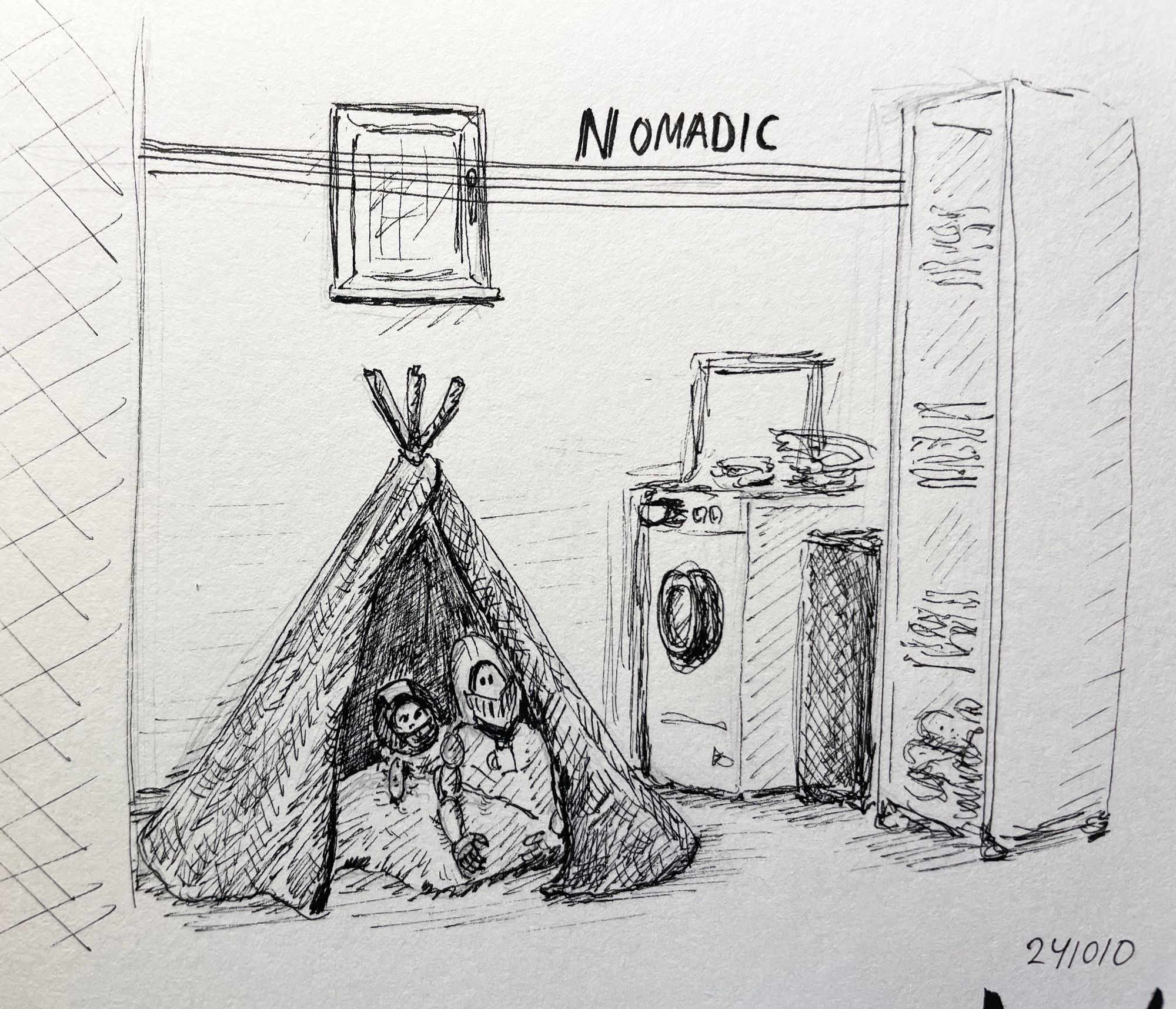 The laundry room. A tent bilt out of blankets, inside Riddaren and Sköldpaddan are sitting under a duvet looking out of the telt.