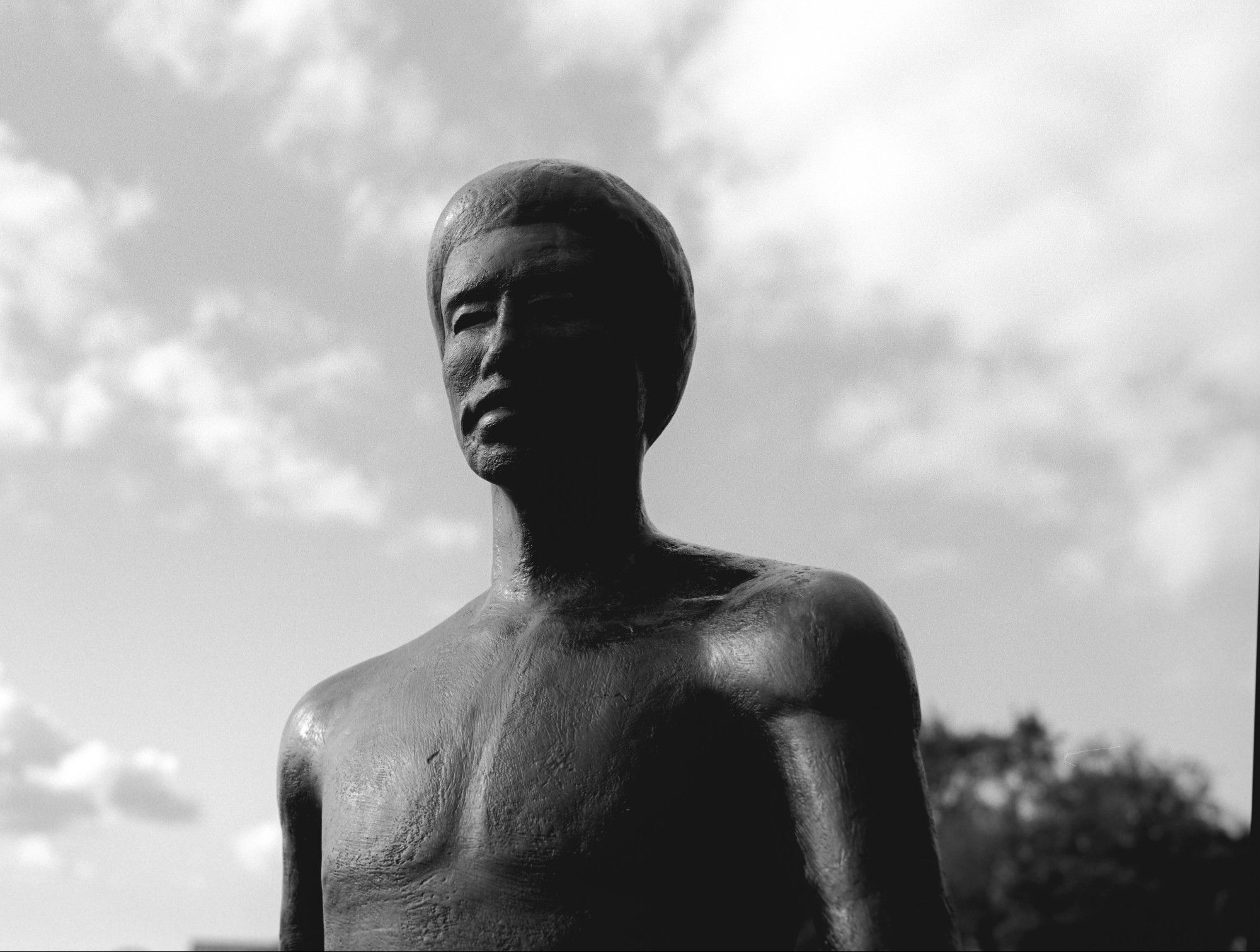 a black and white photo of a statue of a man looking to the left against a sky

the right side of the shadow is in a shadow