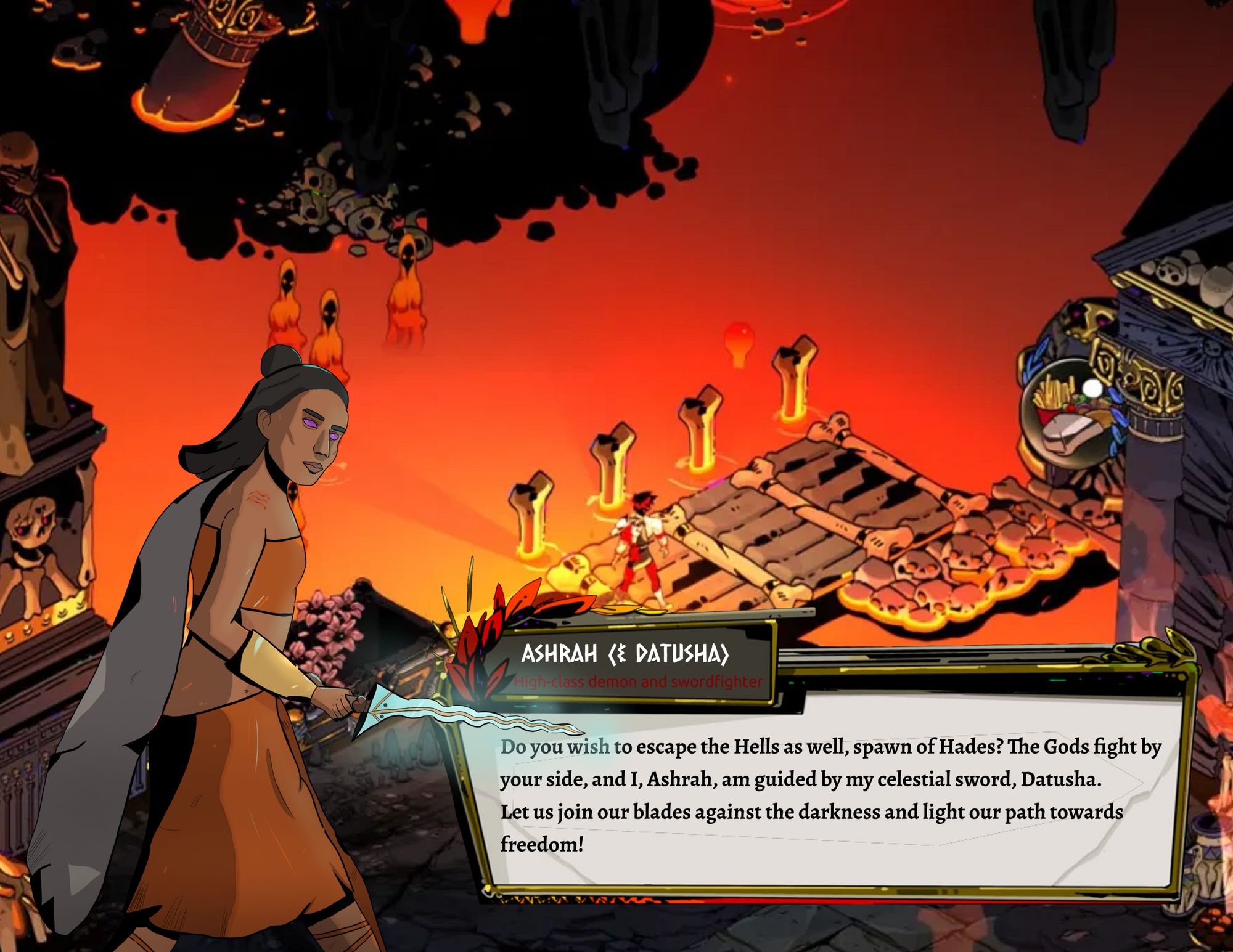 A drawing of Ashrah attempting to re-create the artstyle of the game Hades. We see her in side view, her face turned slightly for a three-quarter view to stare at the camera. A dialogue box with the title "Ashrah (& Datusha" followed by the description "High-class demon and swordfighter" and the dialogue text, "Do you wish to escape the Hells as well, spawn of Hades? The Gods fight by your side, and I, Ashrah, am guided by my celestial sword, Datusha. Let us join our blades against the darkness and light our path towards freedom!"