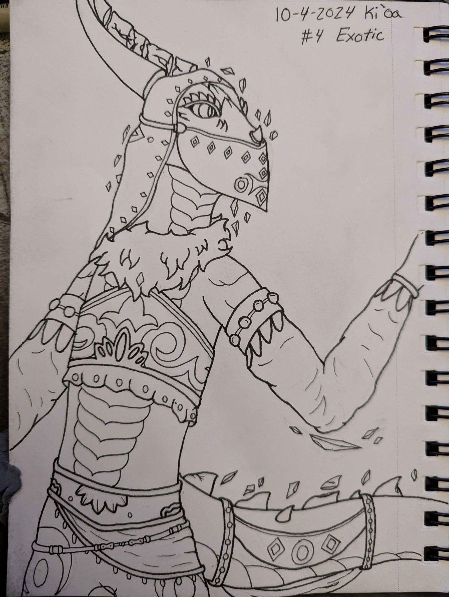 An emerald dragonborn wears an outfit in the style of the Gerudo from Legend of Zelda, long flowing garments held by bands of jewelry as well as being lined with golden elements of decoration. She looks out of frame towards something as she seems to move in time with some kind of dance.