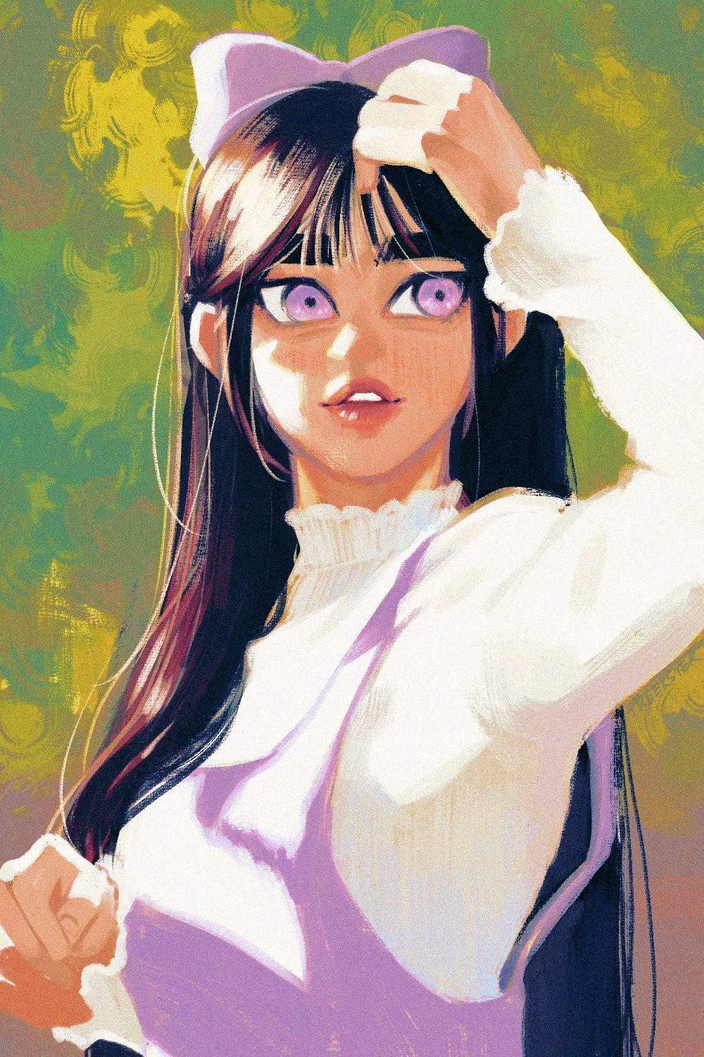 Digitally painted image of a girl with long black hair. She is wearing a white and purple outfit, and a large purple bow. 