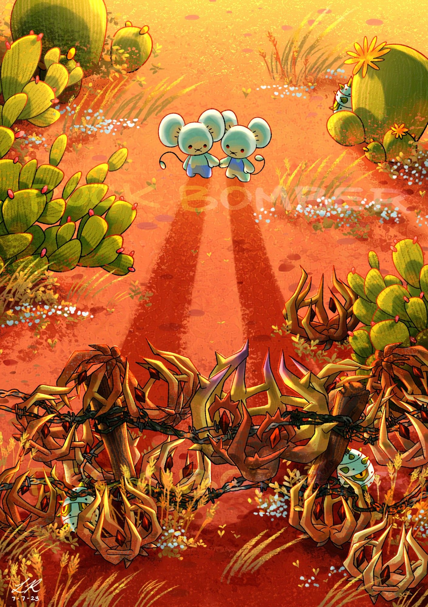 An illustration of a Pokémon-themed desert scene. Many Bramblin, Brambleghast, and Ferroseed are tangled up in a barbed wire fence on the bottom of the drawing. Standing towards to top is Tandemaus, looking at the imposing obstacle of a fence before them.