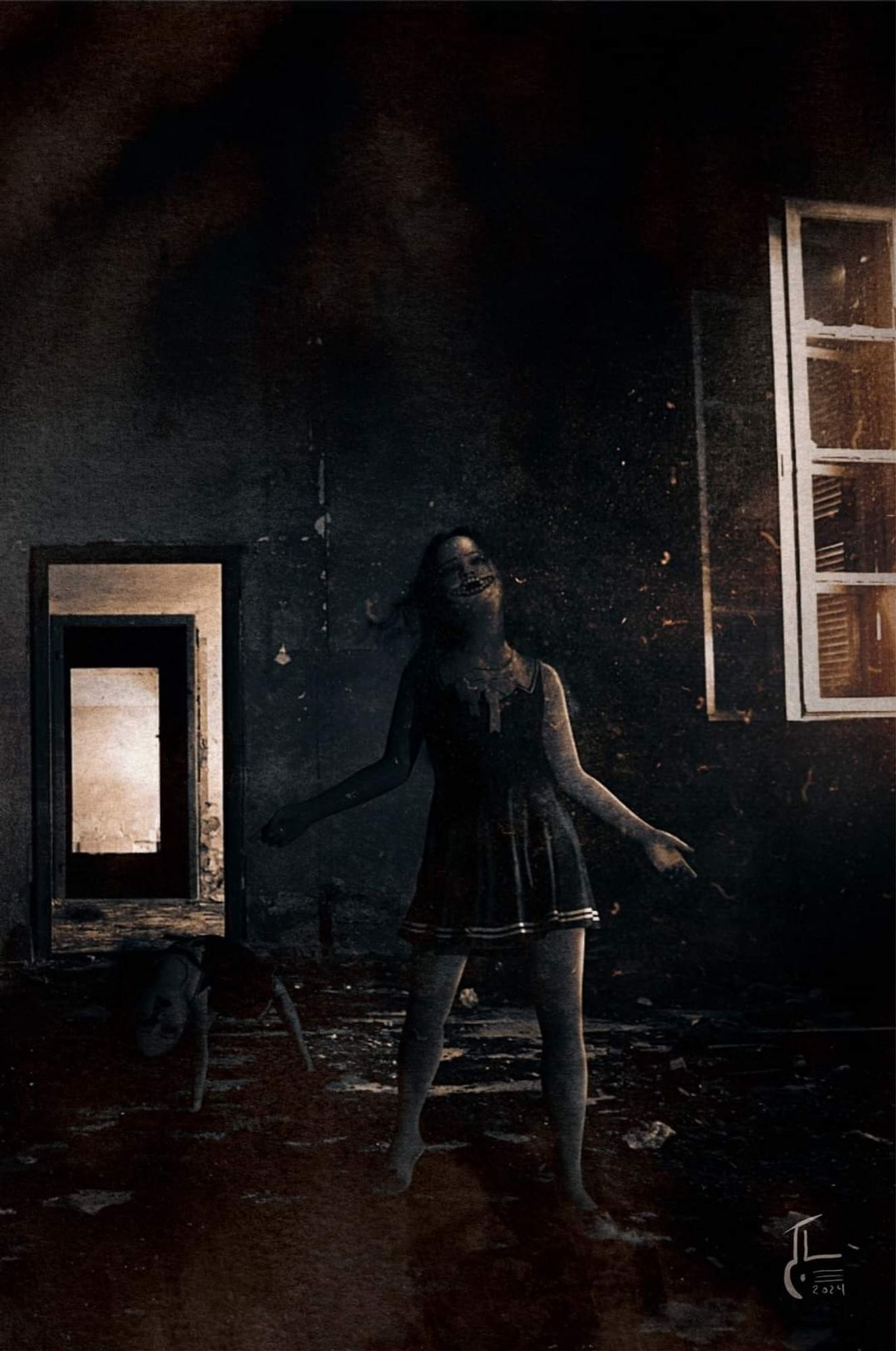 A teen girl in a sailor dress school uniform, bloody slippers, and a face mask with a crudely drawn toothy smile in a dark room is slightly illuminated by light from the window. Behind her is a younger child version of herself, walking upside down on all fours. Her eyes and mouth are solid black caverns. She's awash in darkness.