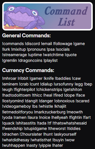 List of all of my Twitch stream commands currently, including 63 sound commands.