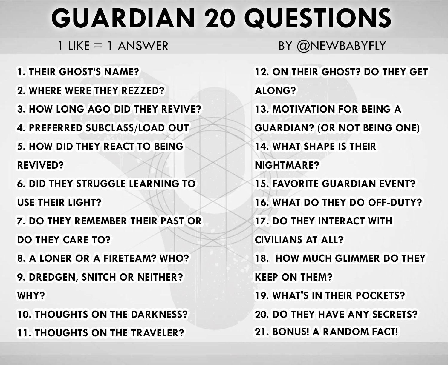 A list of twenty questions about your Destiny 2 guardian by newbabyfly

GUARDIAN 20 QUESTIONS
1 LIKE = 1 ANSWER
1. THEIR GHOST'S NAME?
2. WHERE WERE THEY REZZED?
3. HOW LONG AGO DID THEY REVIVE?
4. PREFERRED SUBCLASS/LOAD OUT
5. HOW DID THEY REACT TO BEING REVIVED?
6. DID THEY STRUGGLE LEARNING TO USE THEIR LIGHT?
7. DO THEY REMEMBER THEIR PAST OR DO THEY CARE TO?
8. A LONER OR A FIRETEAM? WHO?
9. DREDGEN, SNITCH OR NEITHER?
WHY?
10. THOUGHTS ON THE DARKNESS?
11. THOUGHTS ON THE TRAVELER?
12. ON THEIR GHOST? DO THEY GET ALONG?
13. MOTIVATION FOR BEING A GUARDIAN? (OR NOT BEING ONE)
14. WHAT SHAPE IS THEIR NIGHTMARE?
15. FAVORITE GUARDIAN EVENT?
16. WHAT DO THEY DO OFF-DUTY?
17. DO THEY INTERACT WITH CIVILIANS AT ALL?
18. HOW MUCH GLIMMER DO THEY
KEEP ON THEM?
19. WHAT'S IN THEIR POCKETS?
20. DO THEY HAVE ANY SECRETS?
21. BONUS! A RANDOM FACT!