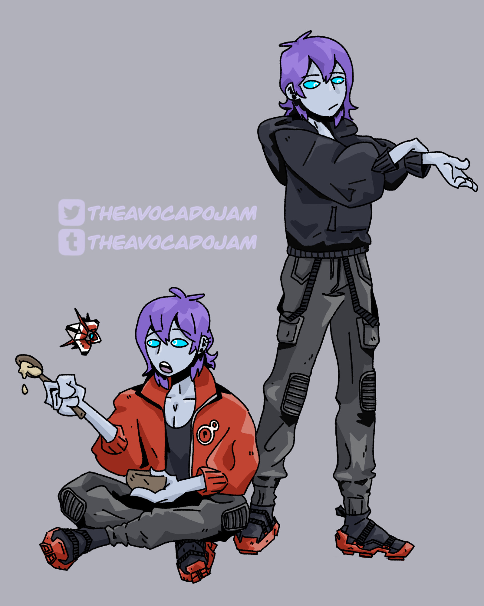 Two drawings of my oc Kieran Nor. Left: Kieran in his classic red jacket sitting cross legged talking to his ghost Blinx while eating porridge. Right: kieran standing up and stretching while in a black hoodie.