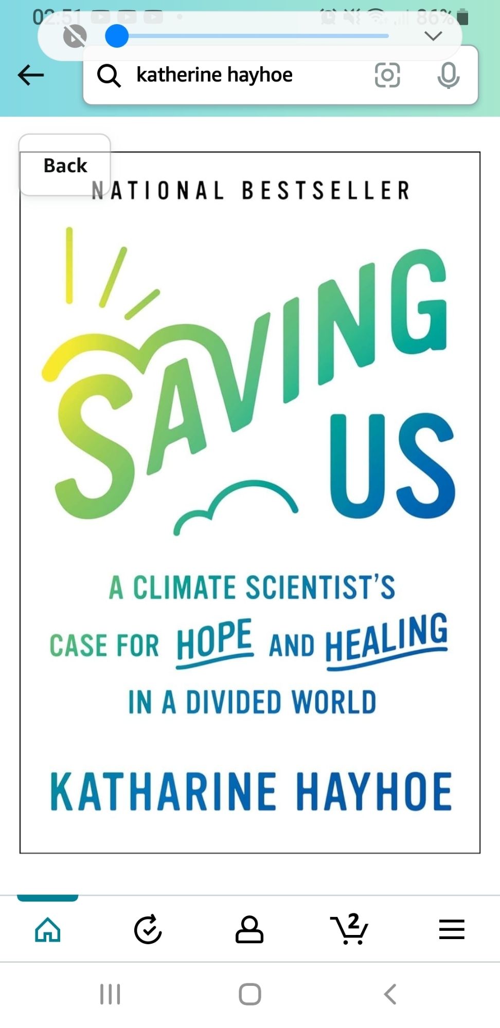 Pic of the front cover of Prof Katharine Hayhoe's book "Saving Us'