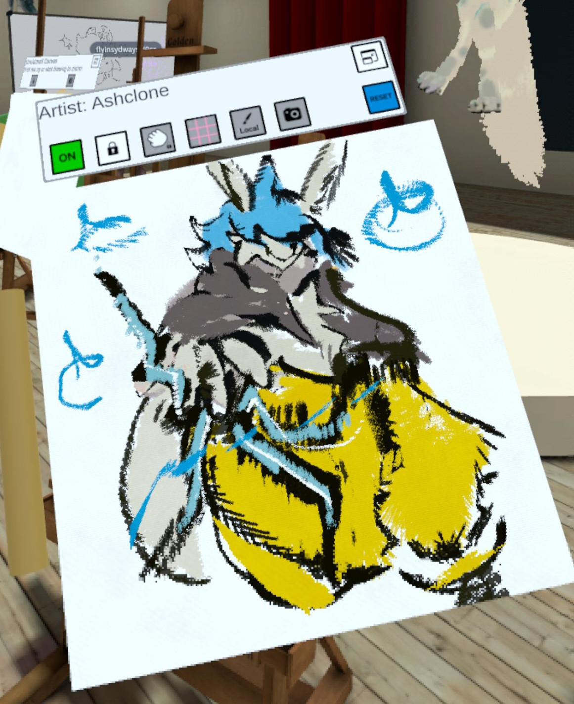 An image of a doodle of my Moth oc with grey fur, blue hair, leather jacket, and yellow short.  Having some blue electricity coming out of his hand.