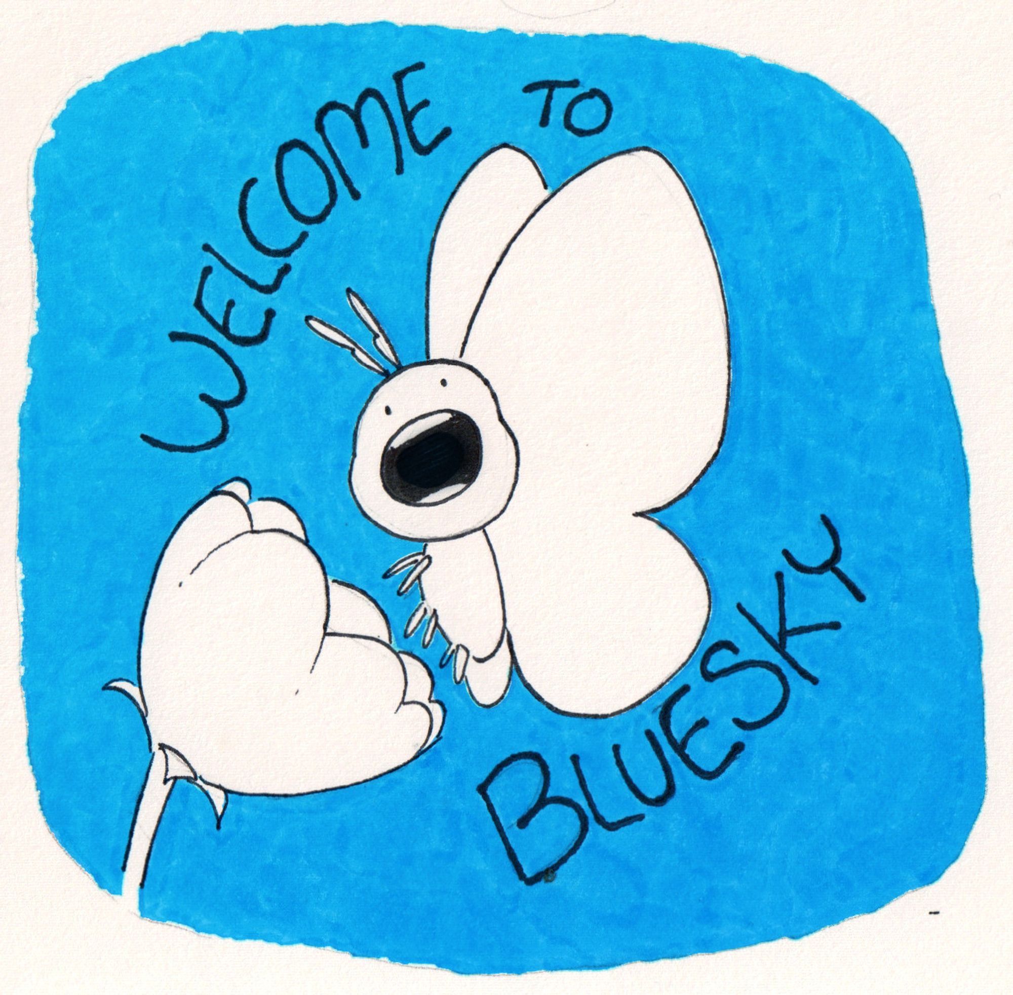 a butterfly with a flower saying "welcome to bluesky"