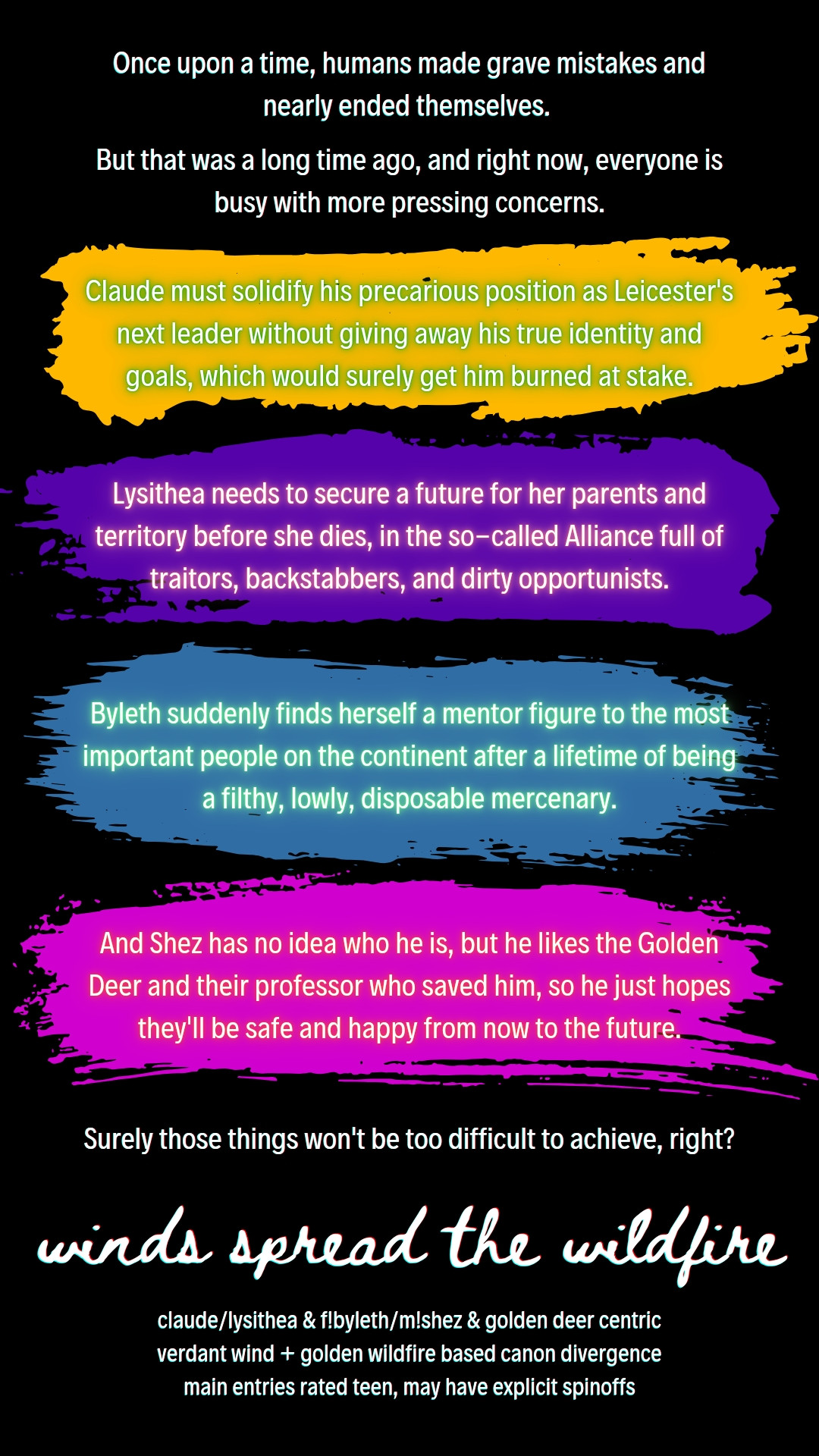 Once upon a time, humans made grave mistakes and nearly ended themselves.

But that was a long time ago, and right now, everyone is busy with more pressing concerns.

Claude must solidify his precarious position as Leicester's next leader without giving away his true identity and goals, which would surely get him burned at stake.

Lysithea needs to secure a future for her parents and territory before she dies, in the so-called Alliance is full of traitors, backstabbers, and dirty opportunists.

Byleth suddenly finds herself a mentor figure to the most important people on the continent after a lifetime of being a filthy, lowly, disposable mercenary.

And Shez has no idea who he is, but he likes the Golden Deer and their professor who saved him, so he just hopes they'll be safe and happy from now to the future.

Surely those things won't be too difficult to achieve, right?

---

winds spread the wildfire

claude/lysithea & f!byleth/m!shez & golden deer centric
verdant wind + golden wildfire based canon divergence
main entries rated teen, may have explicit spinoffs