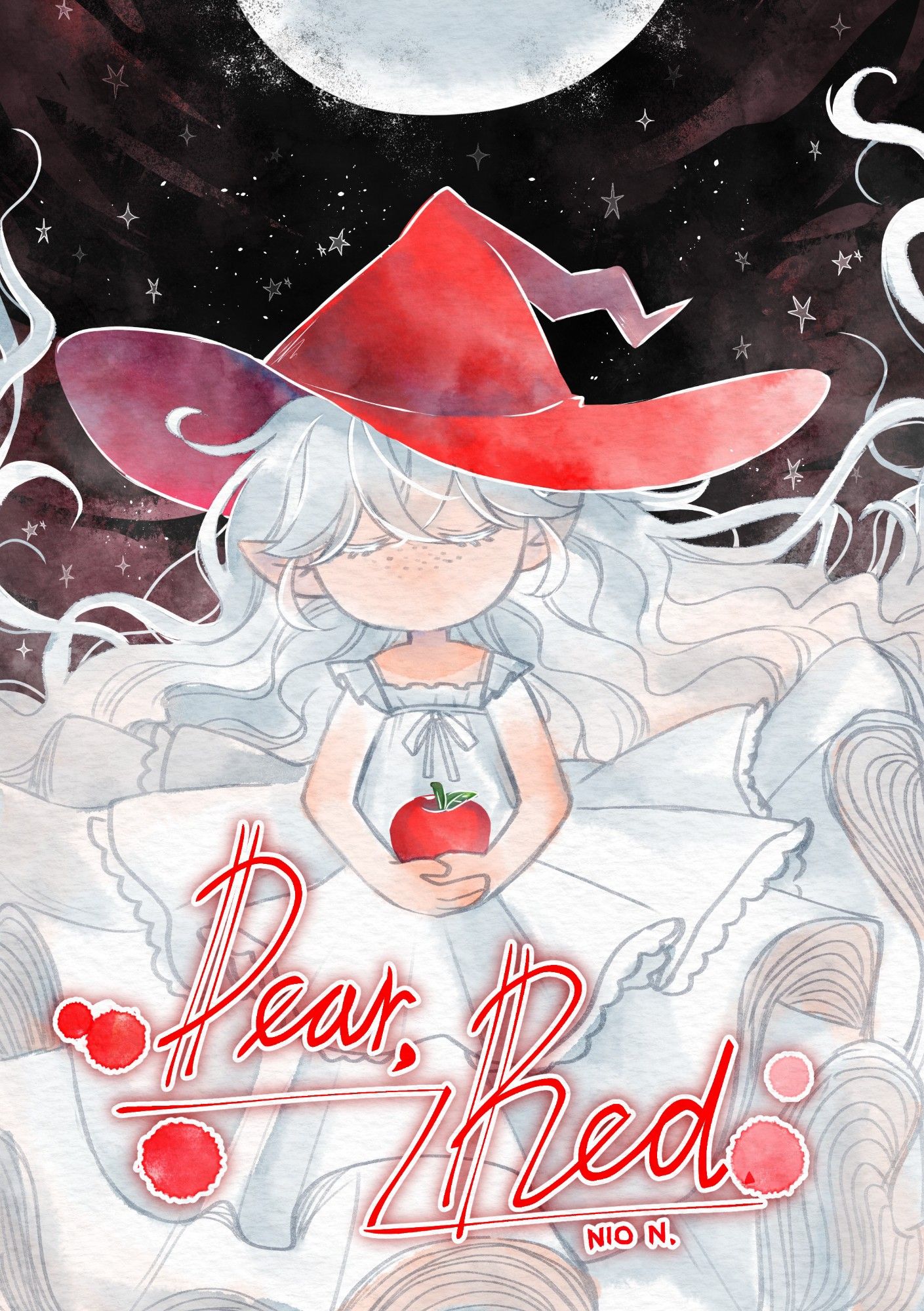 White haires witch with white clothes holding a red apple. Her witch hat is red, and she closed her eyes under the night sky. Title: "Dear, Red."