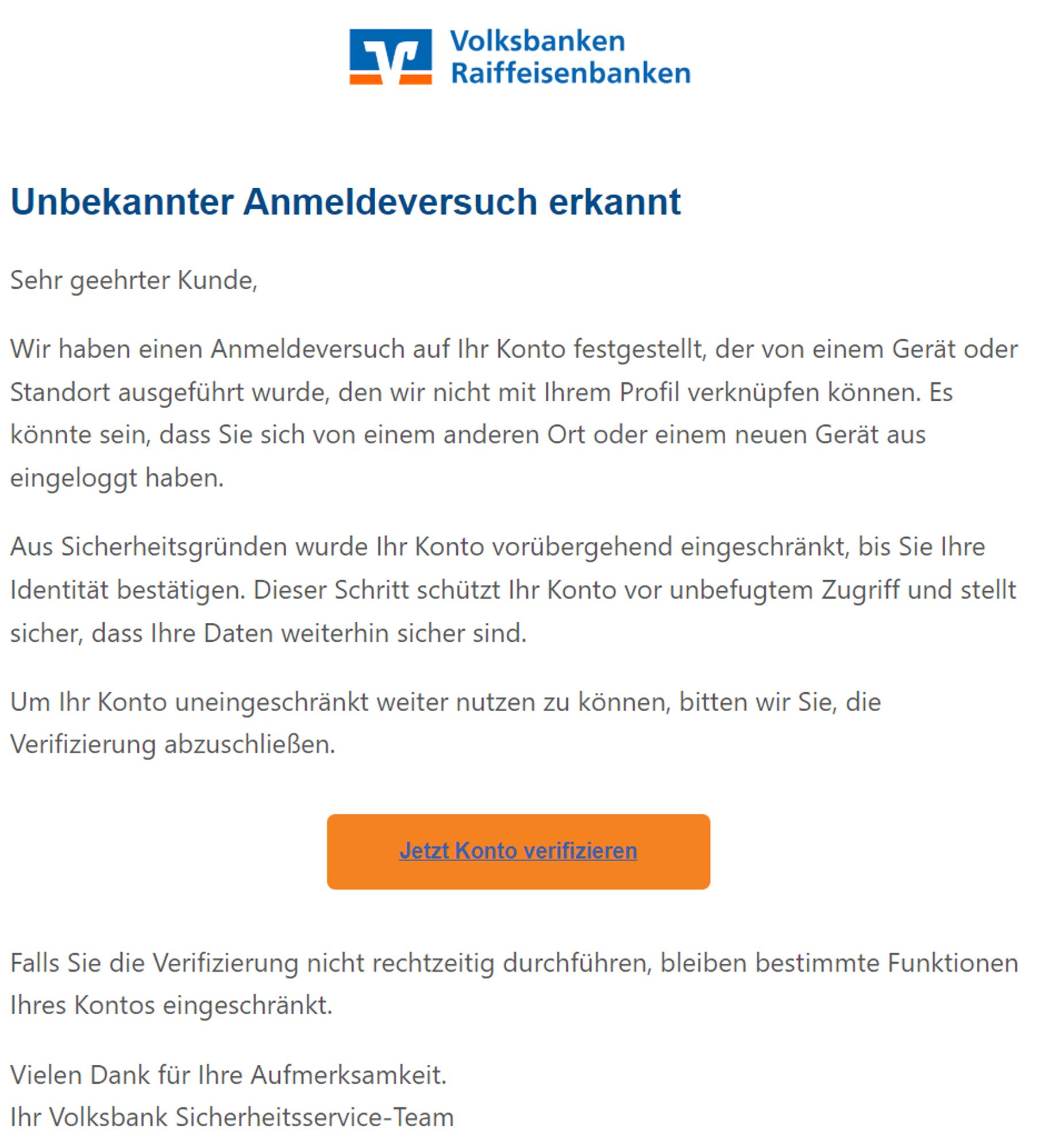 Screenshot einer Phishing-Mail im Namen der Volksbanken Raiffeisenbanken