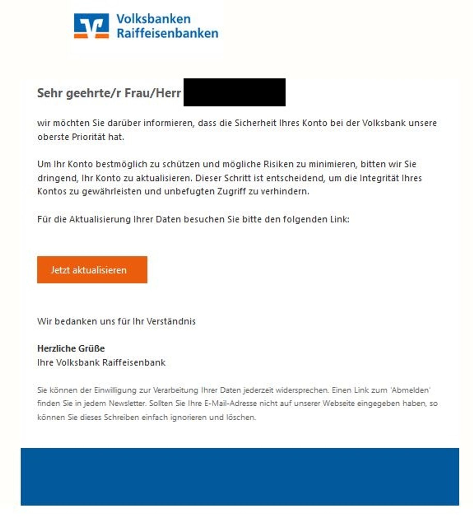 Screenshot einer Phishing-Mail mit Volksbanken-Raiffeisenbanken-Logo