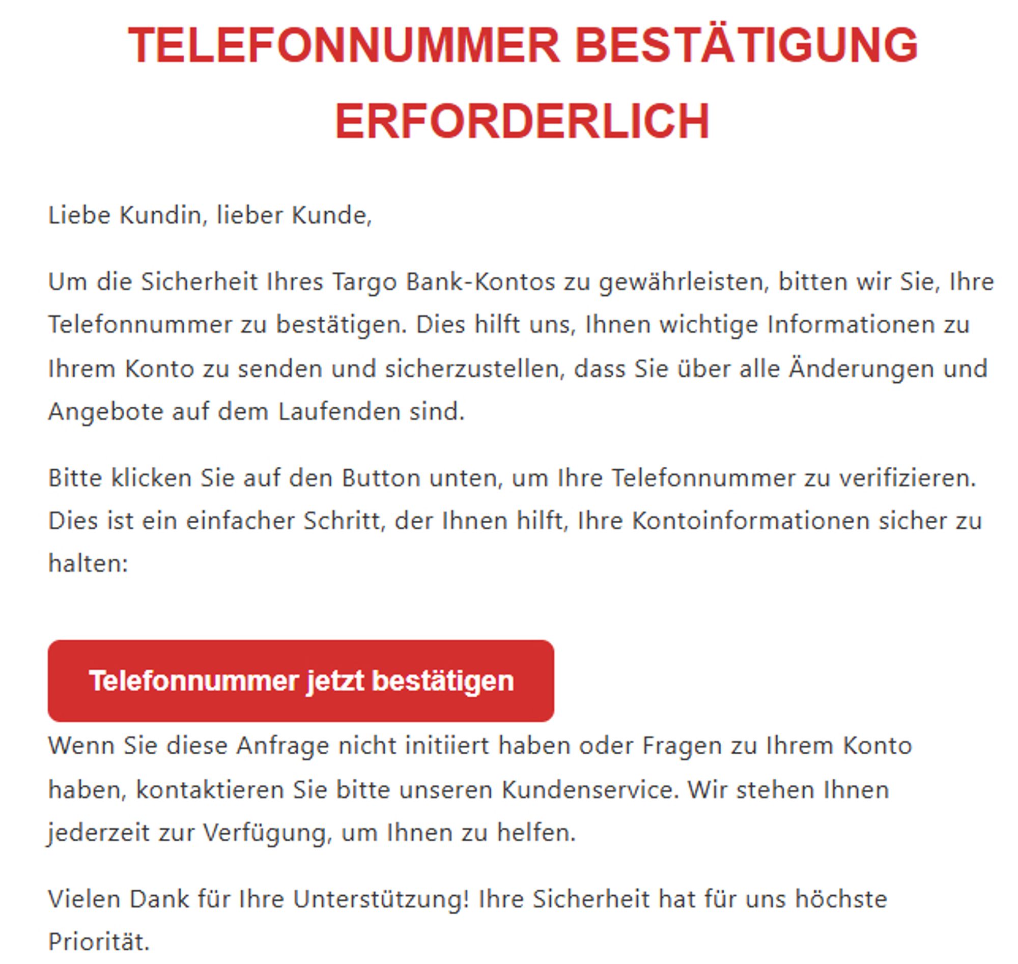 Screenshot einer Phishing-Mail im Namen der Targobank