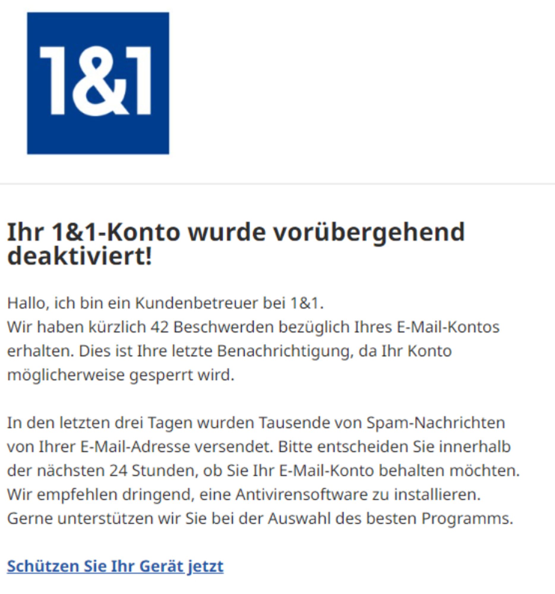 Screenshot einer Phishing-Mail im Namen von 1&1