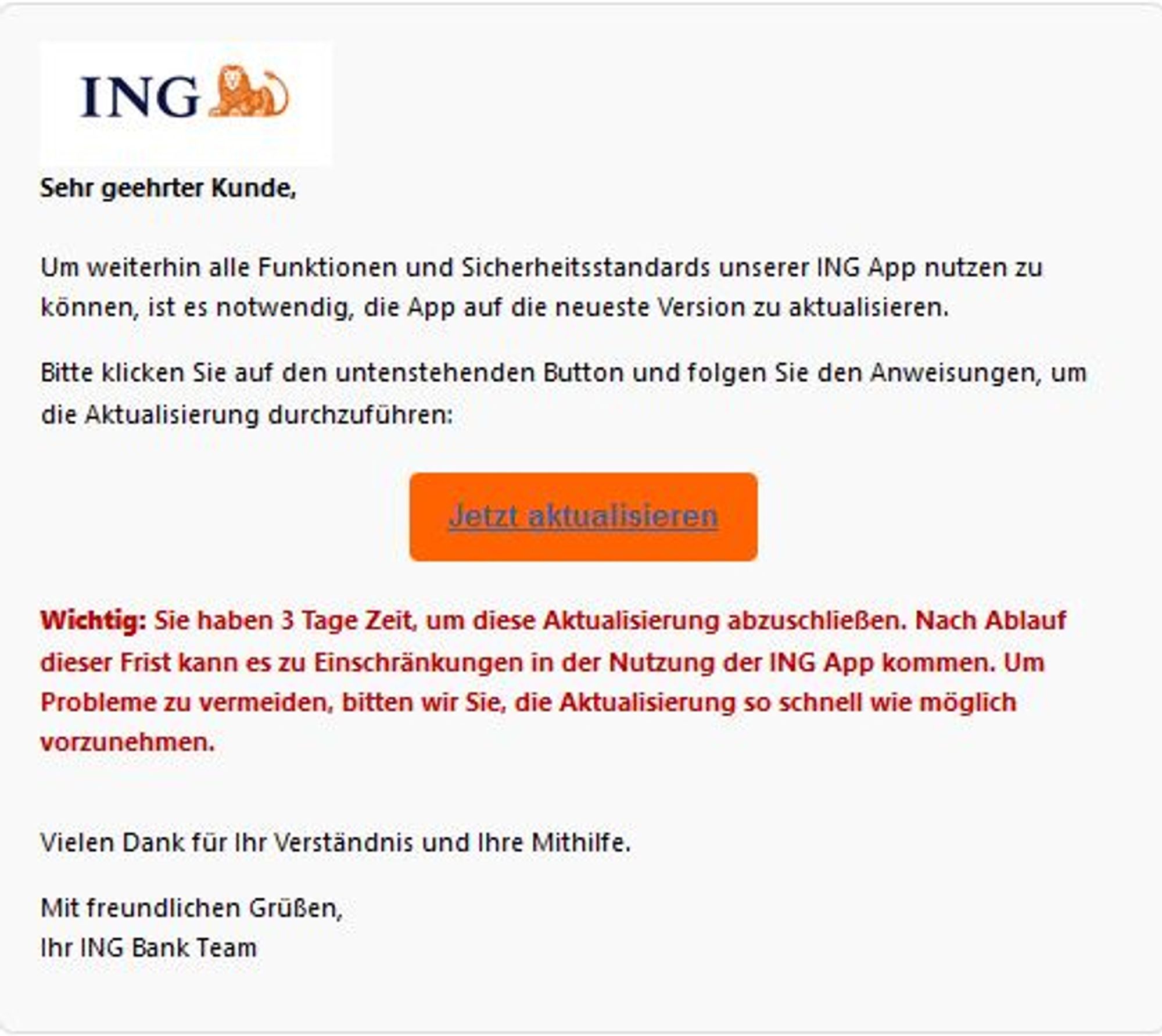 Screenshot einer Phishing-Mail mit ING-Logo