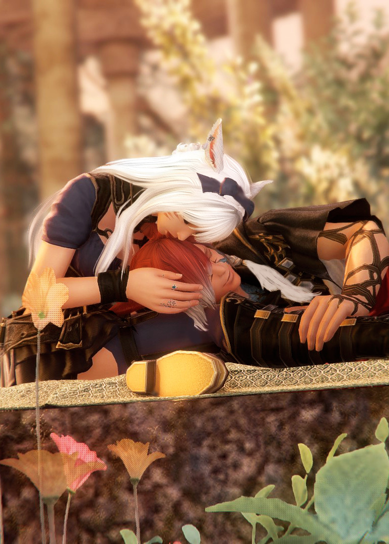 n'ya gently kissing the exarch's head while he rests on her legs