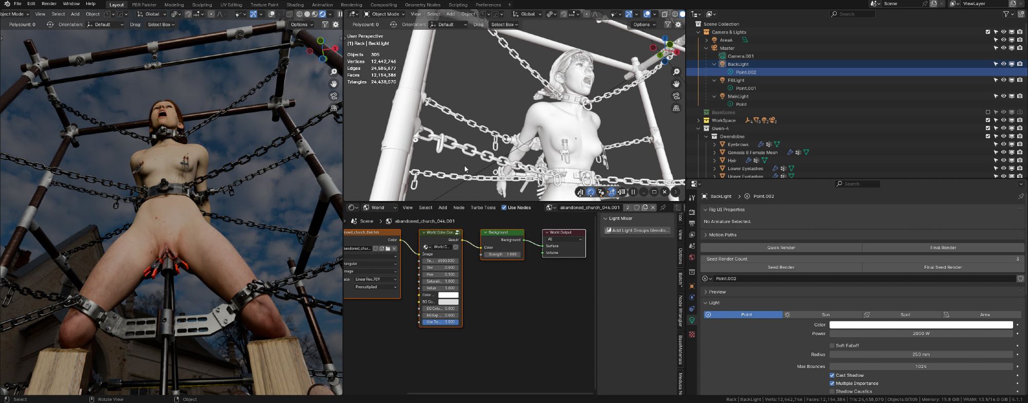 A blender scene setting, a young adult woman chained to a rack in a consensual setting