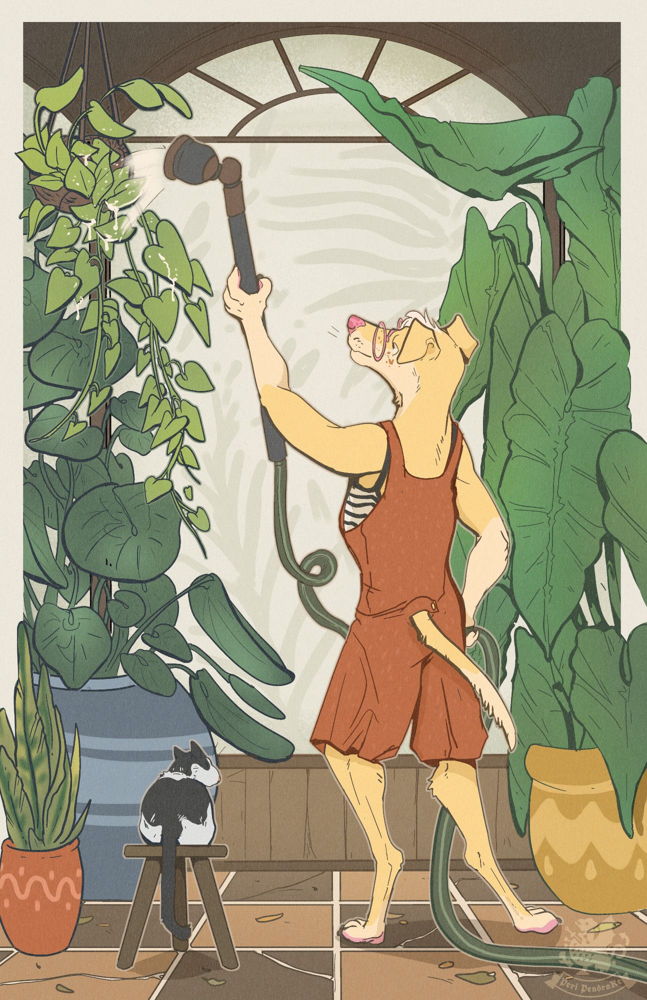 A tan colored anthro greyhound wearing red overalls that are bunched by the knees holds a hose with a long snake head attachment to water a hanging green Philodendron. Behind them is a large window with silhouettes of other plants, with a Philodendron to their right, Pilea and Snakeplant to their left, and on a stool a tuxedo cat that is "loafed" happily.