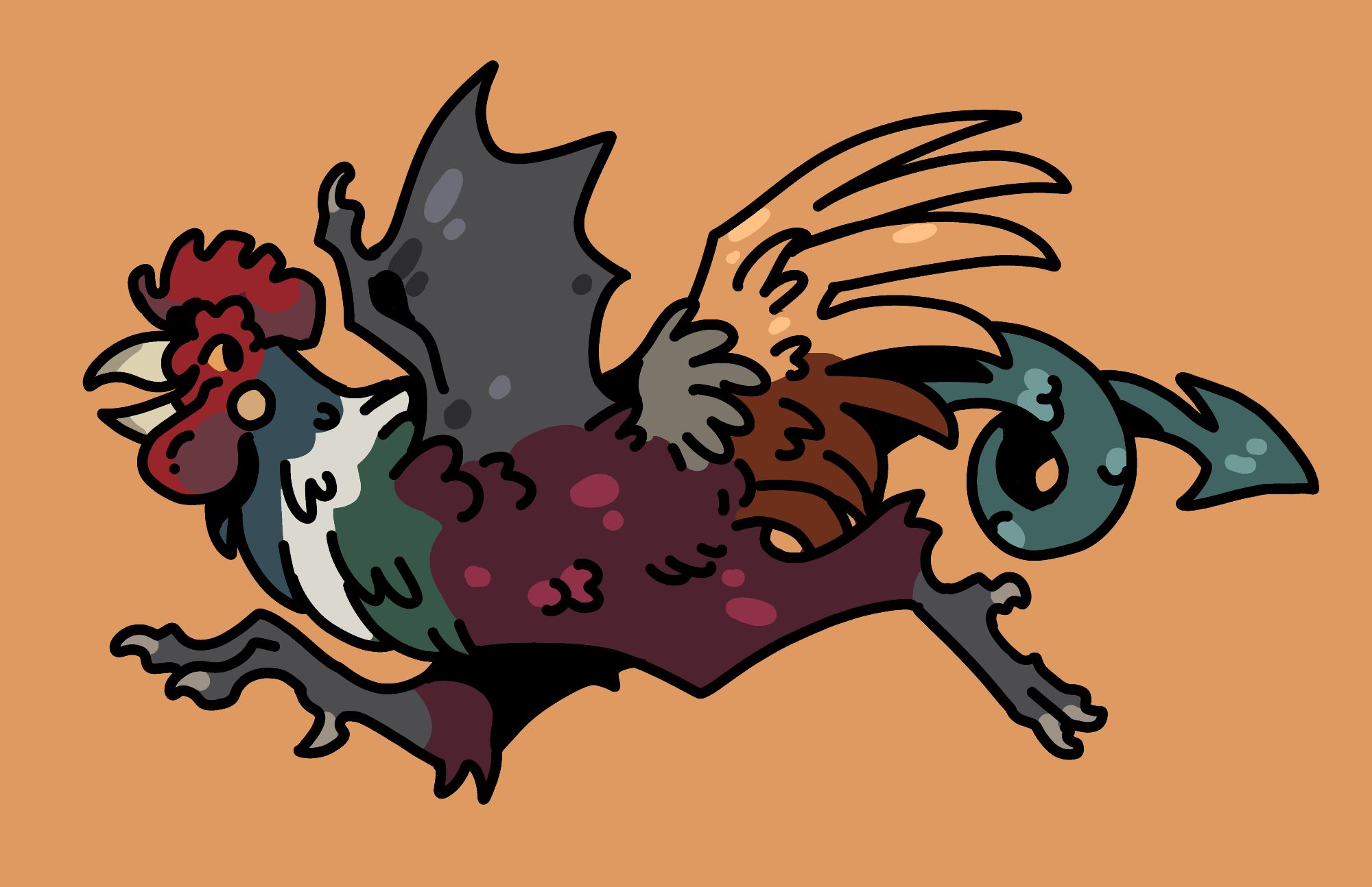 A cockatrice that is running from right to left. It is drawn in a thick cartoonist line style with simple block coloring. Its body is a ruddy red, it has a teal spade tail, yellow gold butt feathers, grey webbed wings, and a blue white, and green banded neck like a pheasant.