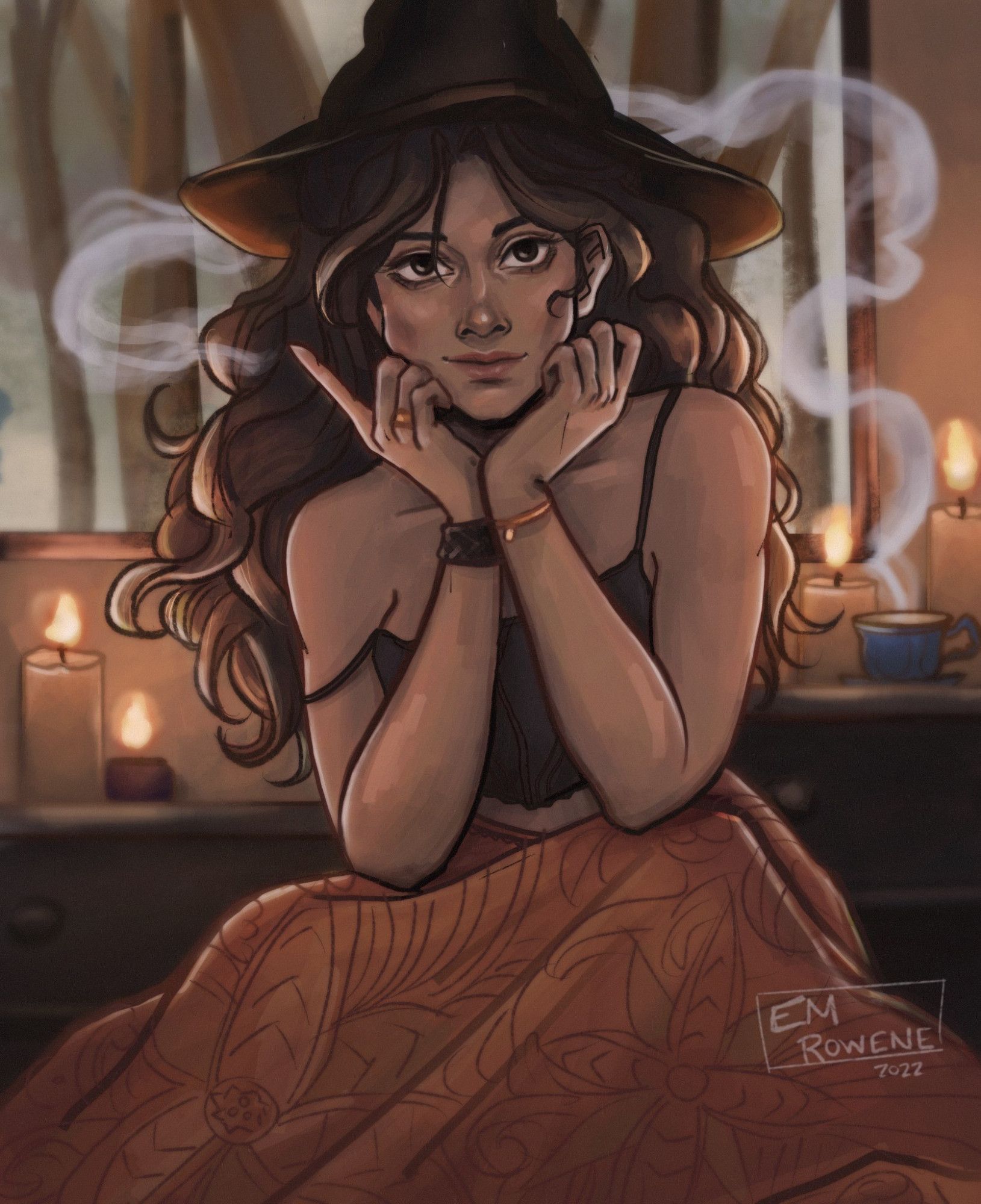 A digital drawing of a witchy girl with moody fall lighting. She has a big had and long hair, and behind her are several candles, a woody scene, and a steaming cup of tea.