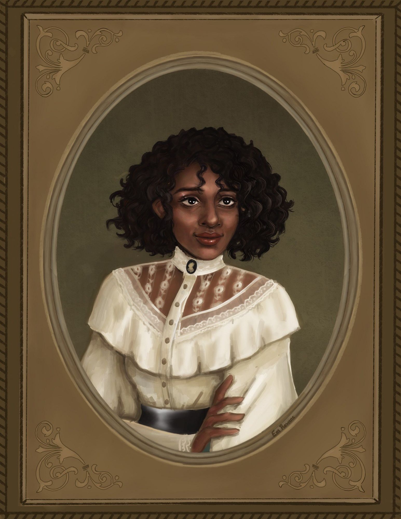 A digital painting meant to emulate a 19th century portrait in a frame. The woman in the image has dark skin and natural curls that fall to her chin, and she's wearing a white lace Edwardian blouse.