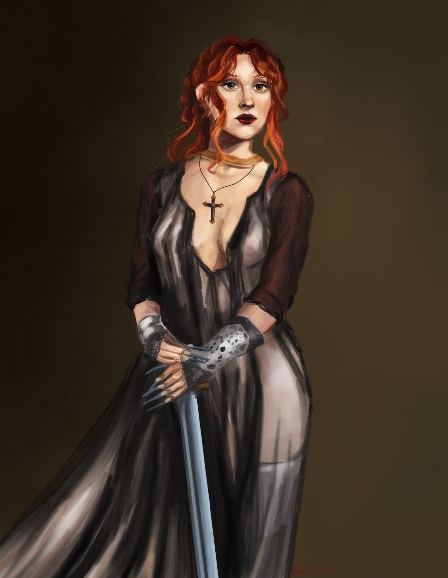 A richly-colored painting of Chappell Roan in her VMAs red carpet look, sword in hand