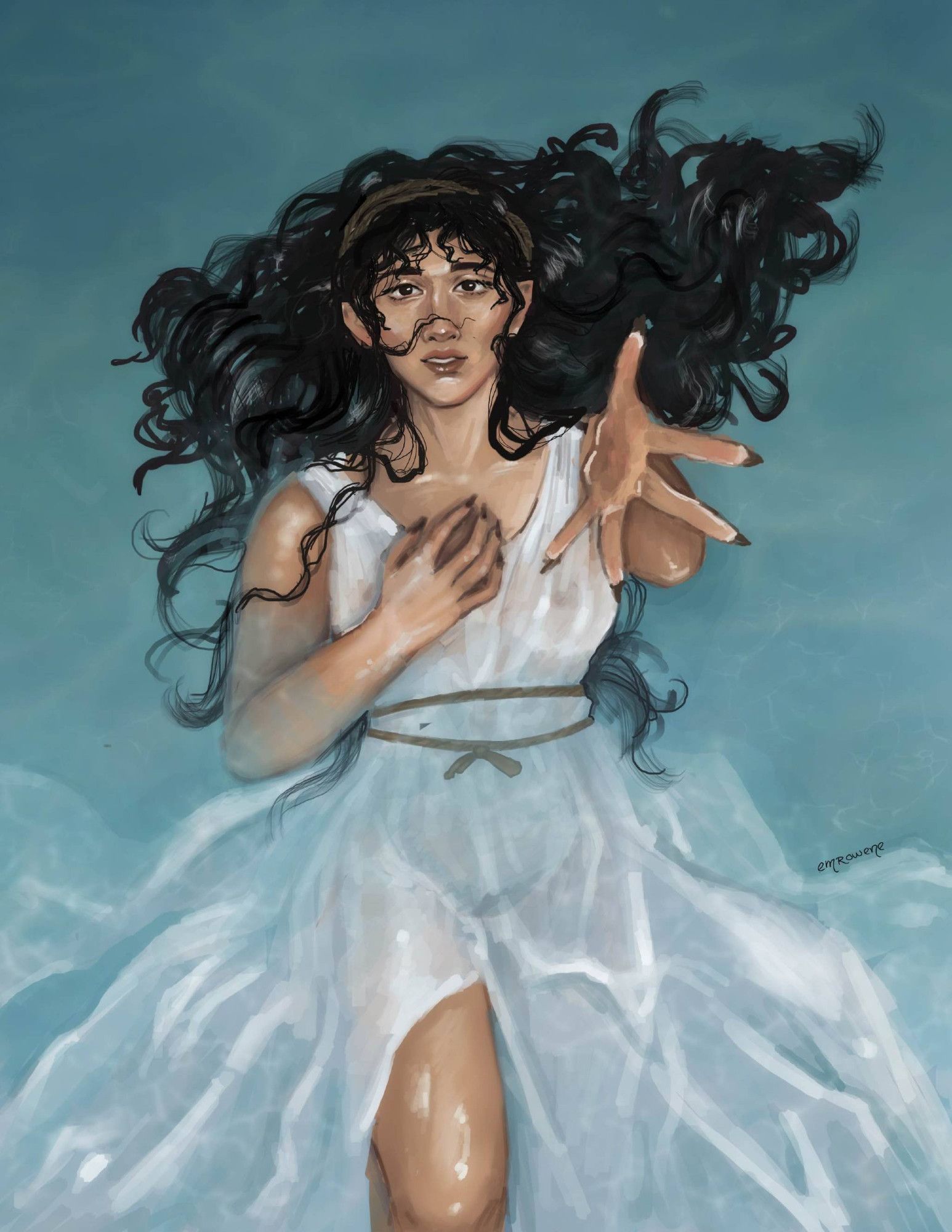 A digital painting of a woman laying back in water, her hand held out toward the camera.