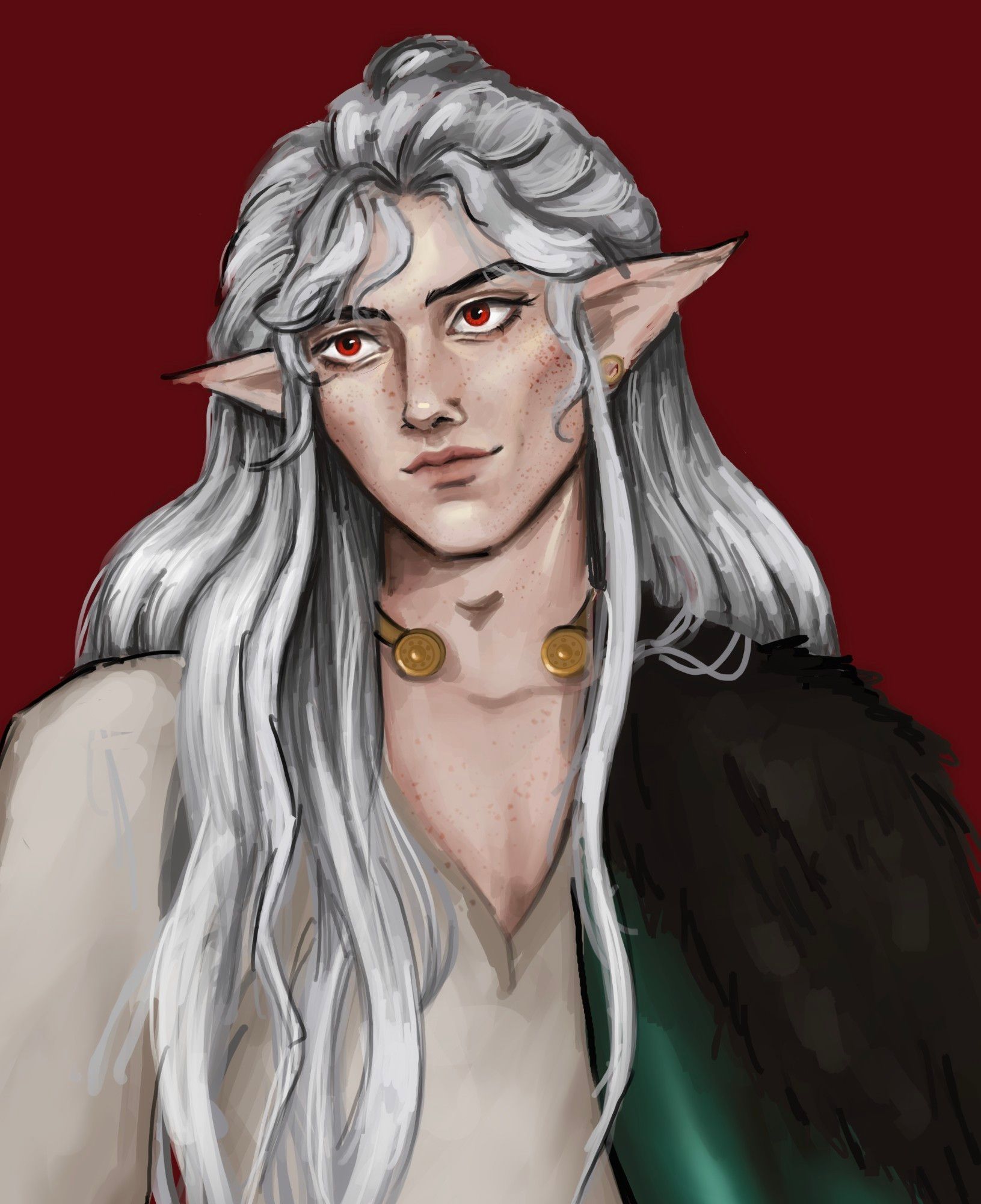 a digital painting of a man with long white hair, red eyes, and elf ears set against a red background. he wears a green fur-lined cape and a gold torc