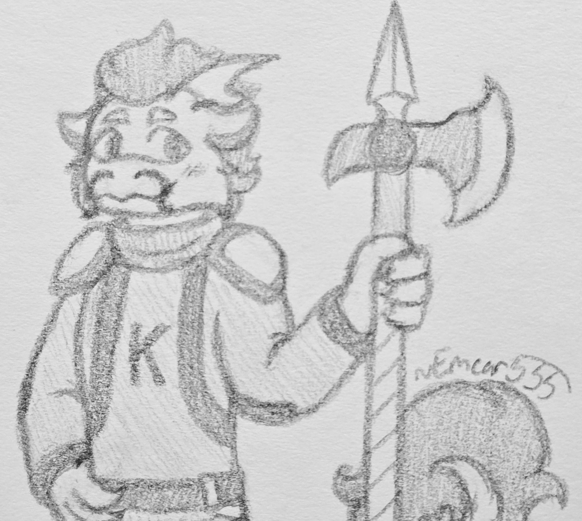 Traditional sketch of a kobold posing alongside a polearm