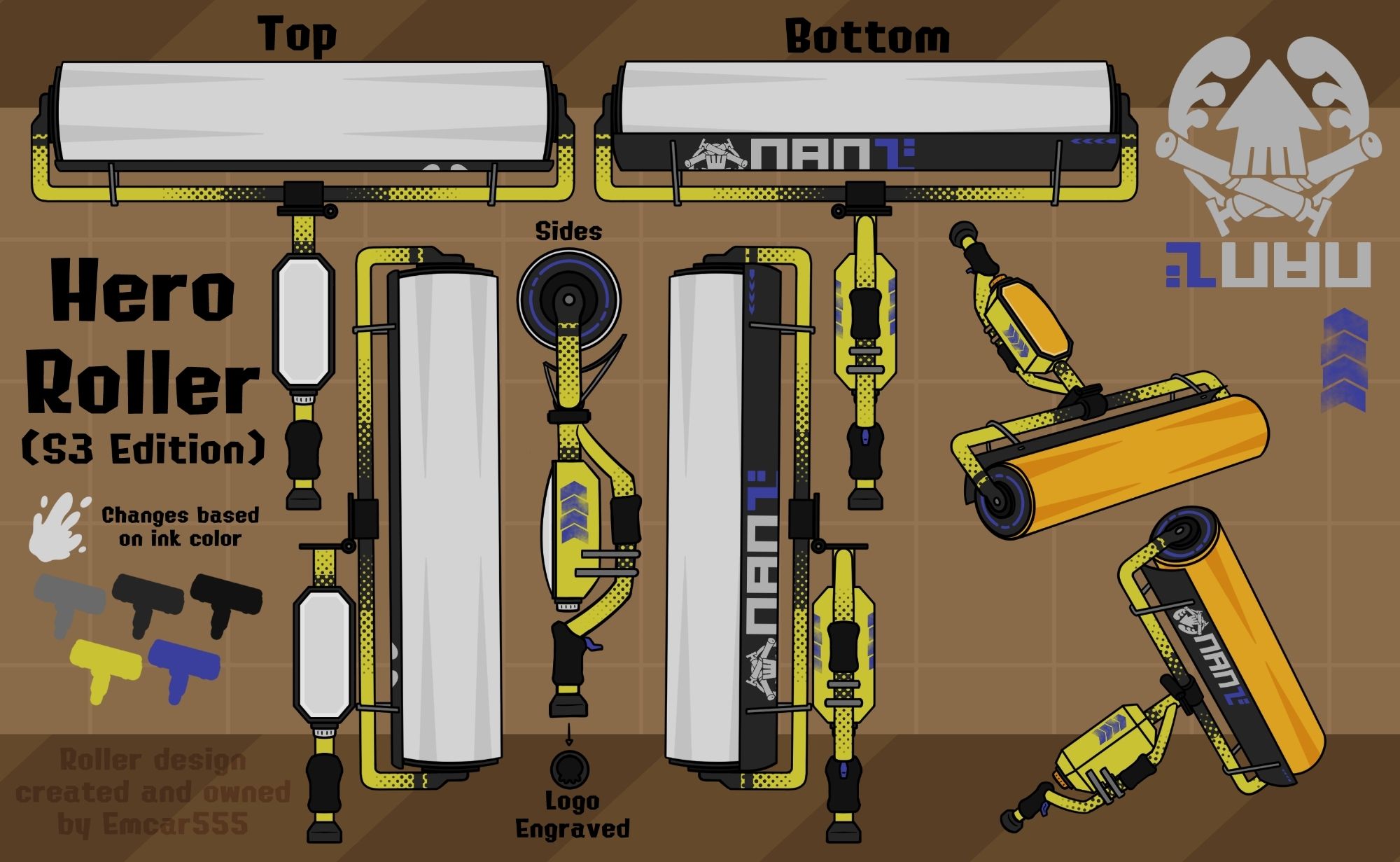 Splatoon 3 roller weapon design inspired off of the S3 Hero Shot and the S2 Hero Roller