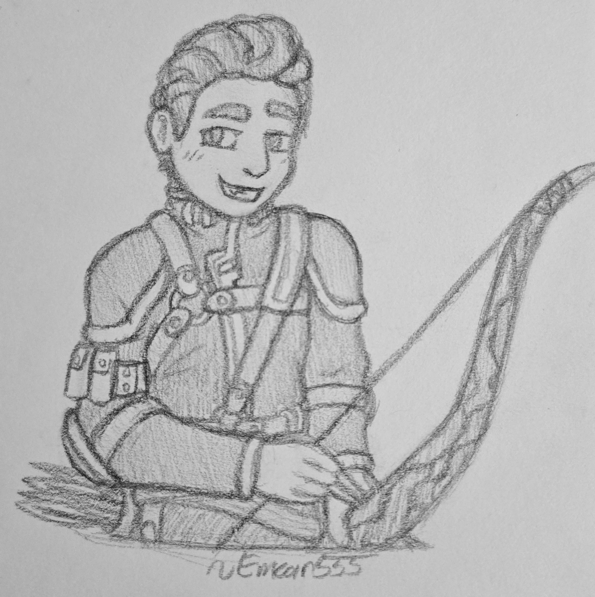 Traditional sketch of a man holding a bow while smiling at the viewer