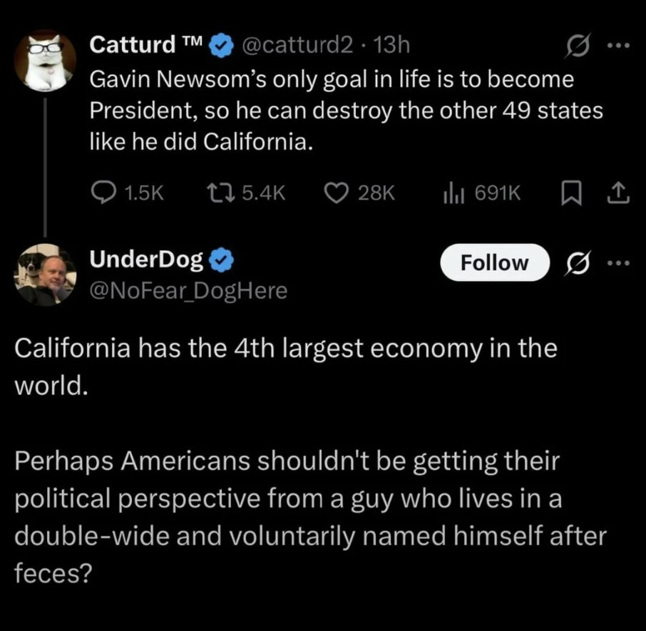 Social media post:

Catturd TM
Gavin Newsom's only goal in life is to become
President, so he can destroy the other 49 states
like he did California.

UnderDog
@NoFear_DogHere

California has the 4th largest economy in the
world.

Perhaps Americans shouldn't be getting their
political perspective from a guy who lives in a
double-wide and voluntarily named himself after
feces?
