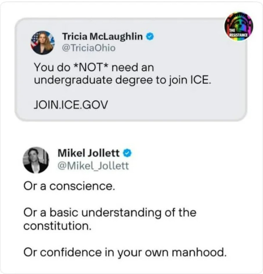 Social media post: Tricia McLaughlin @TriciaOhio You do *NOT* need an undergraduate degree to join ICE. JOIN.ICE.GOV

THE RESISTANCE Mikel Jollett @Mikel_Jollett Or a conscience. Or a basic understanding of the constitution. Or confidence in your own manhood.