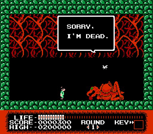 Screenshot from Monster Party on NES with a kid next to a huge red monster saying "Sorry, I'm dead"