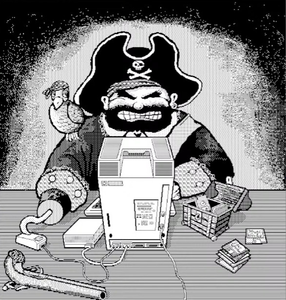 A pirate sitting at his Macintosh trying to use a mouse with his hook and a parrot sitting on his arm