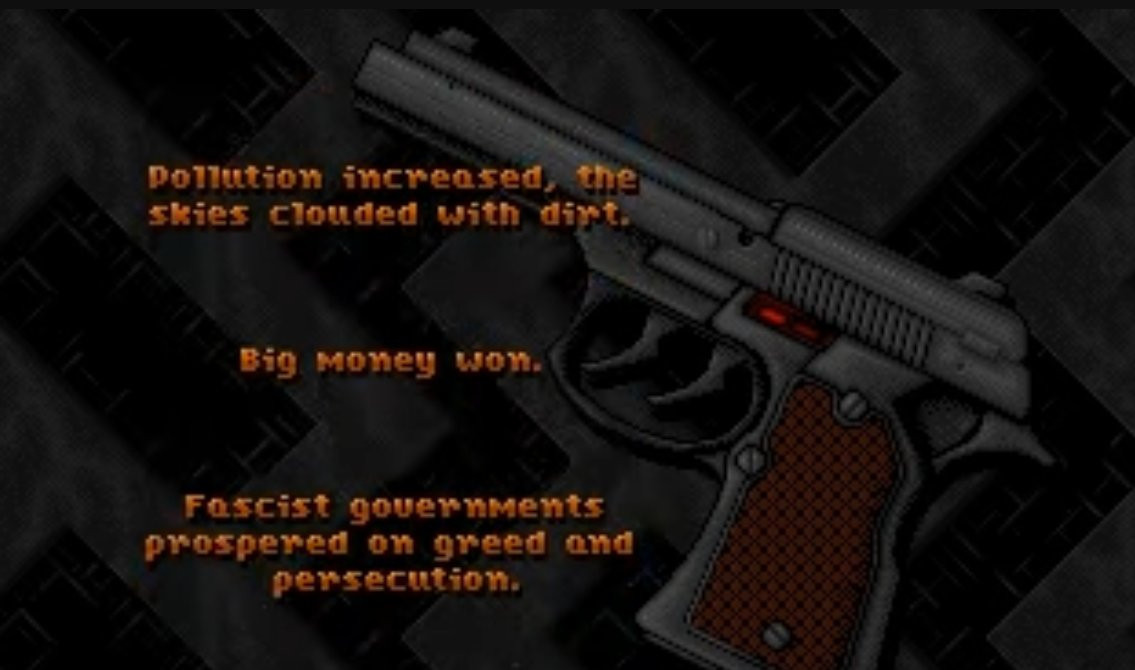 A gun with writing "pollution increased, the skies clouded with dirt. Big money won. Fascist governments prospered on greed and persecution"