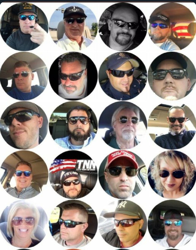 Meme of the avatars of a bunch of trumpy looking folks in their cars in sunglasses