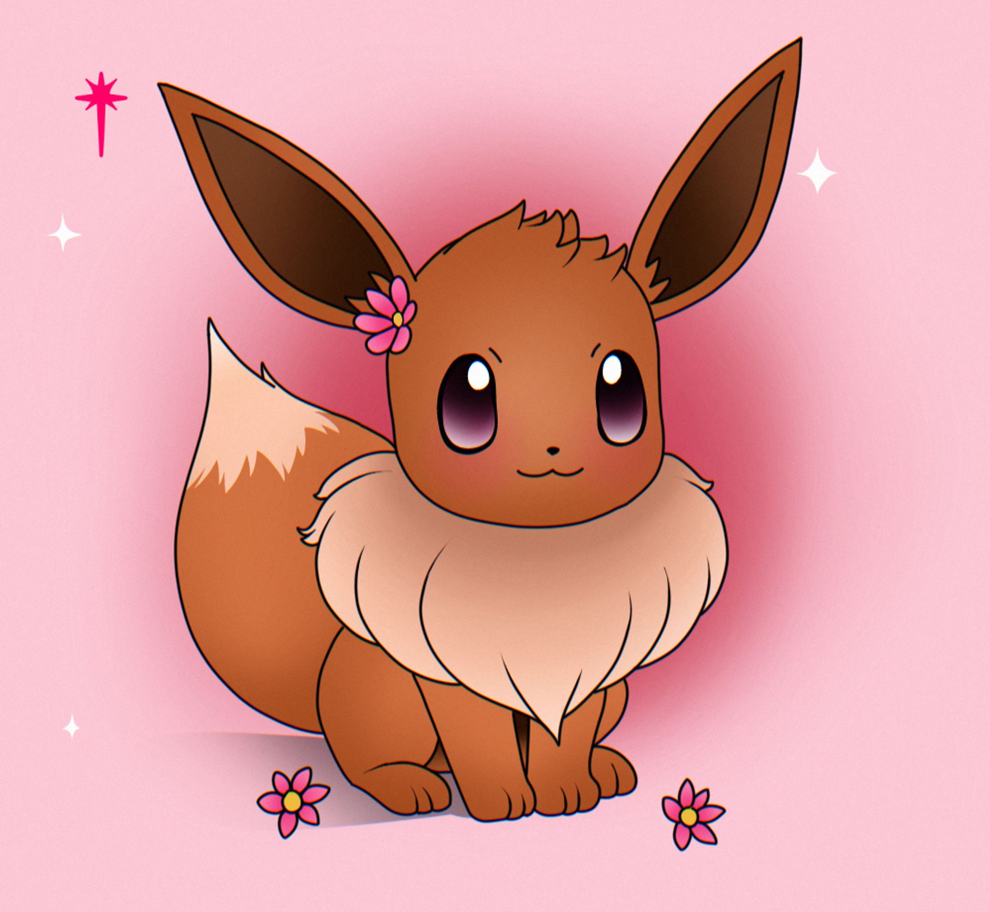 Pokémon Eevee com fundo rosa e com algumas flores por perto.