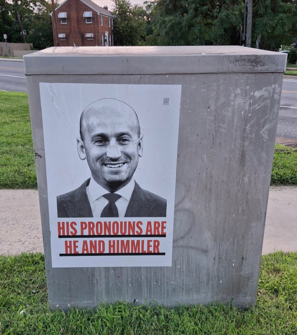 Poster of Stephen Miller reads His pronouns are he and Himmler
