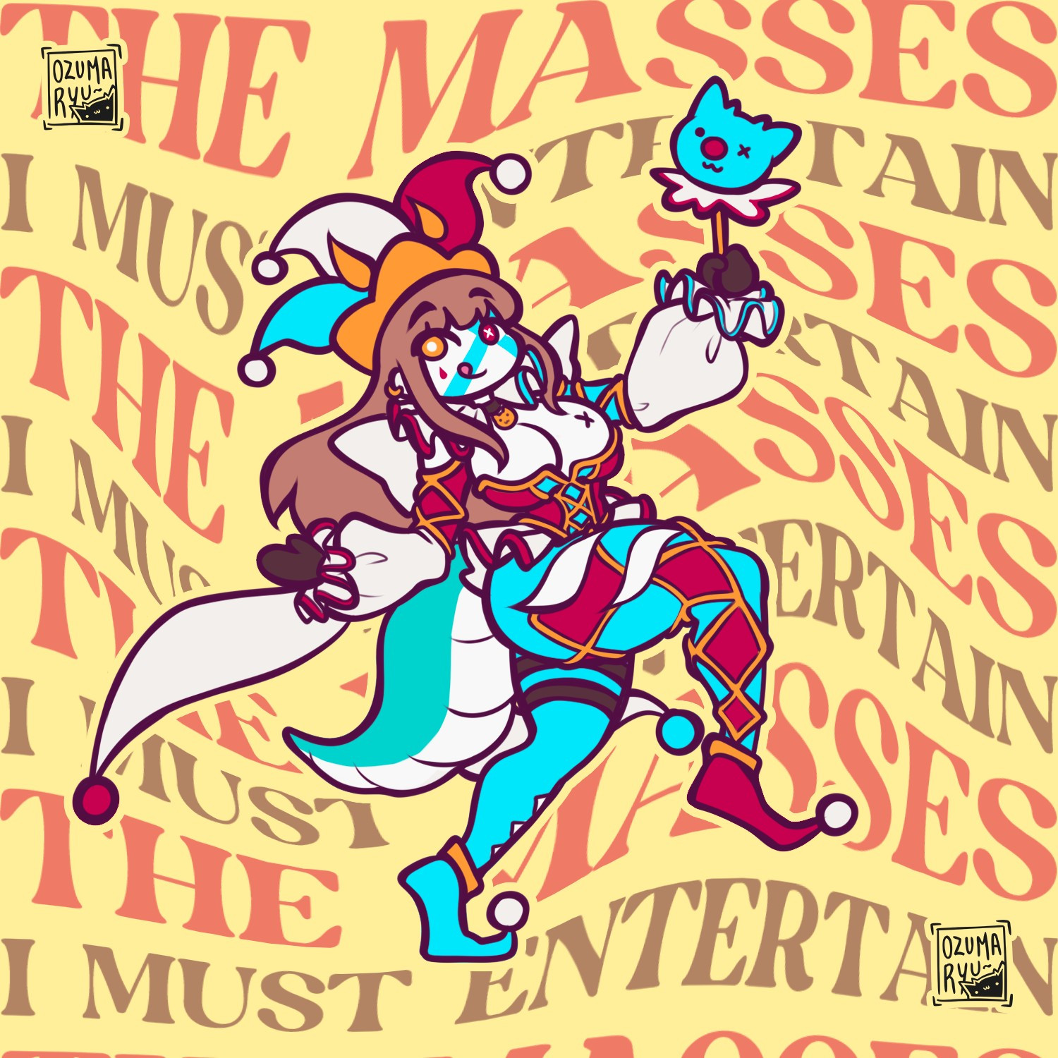 A silly chimera clown dancing for entertaining the masses