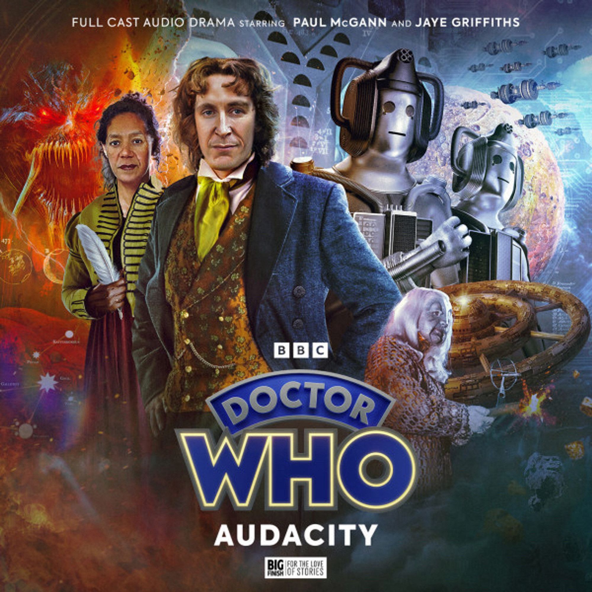 The Eighth Doctor stands at the centre, with the new companion Audacity on the left and the Cybermen on the right