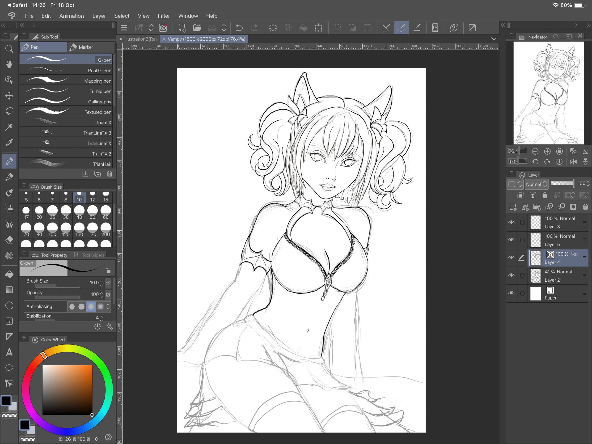 A picture of an in progress drawing of a catgirl with curly hair in a bikini looking at the camera.