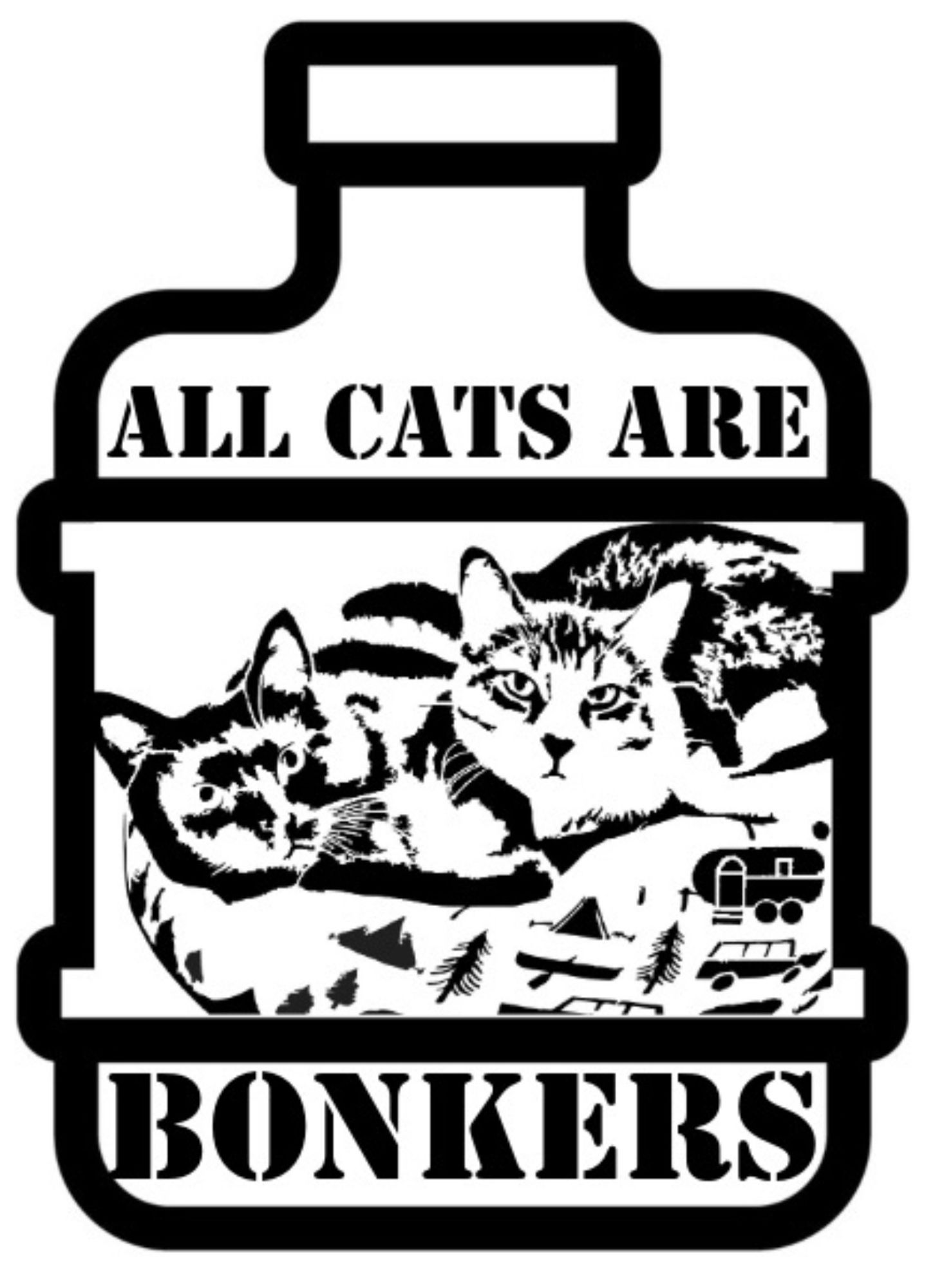 An outline of a water cooler just with a stenciled image superimposed over it featuring two snuggly cats. The text reads “all cats are bonkers”