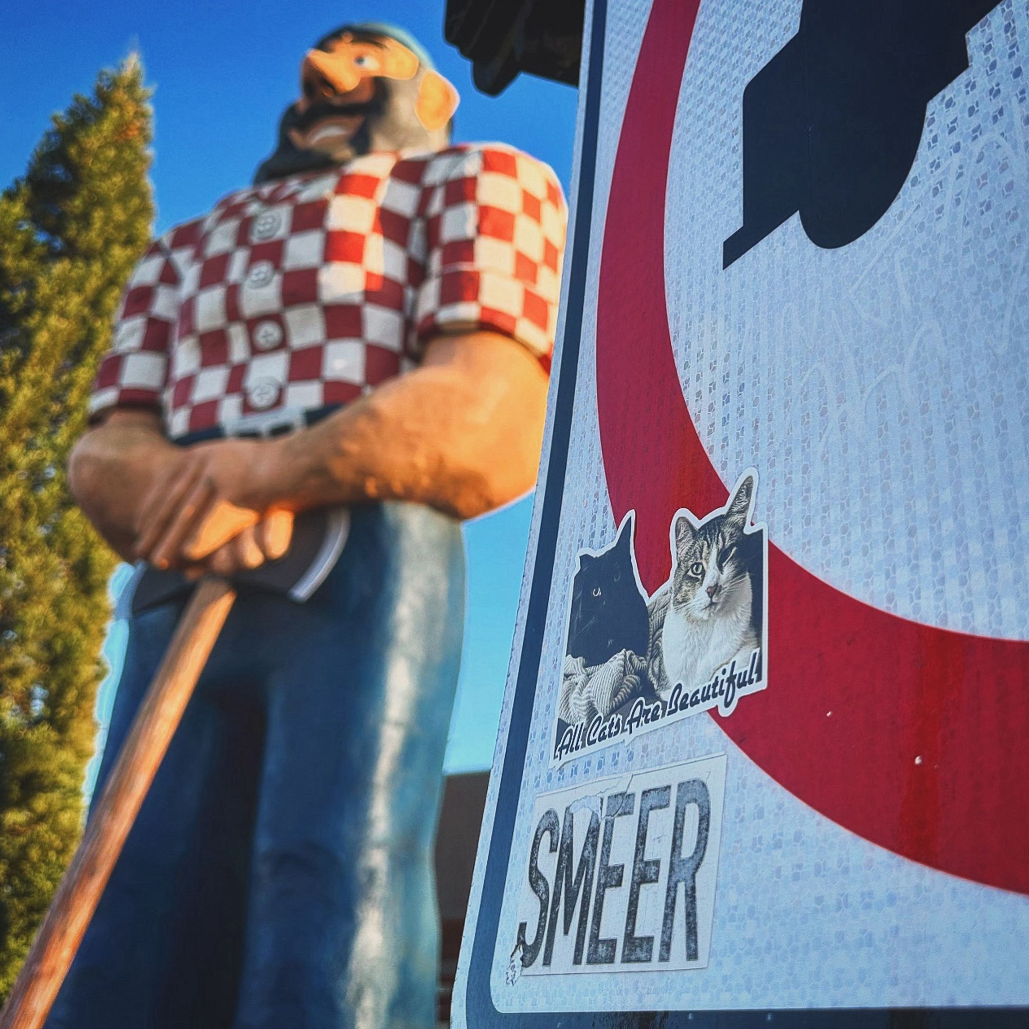 In the shadow of a giant Paul Bunyan statue, a sticker on a street sign features two snuggly cats and the text “all cats are beautiful”