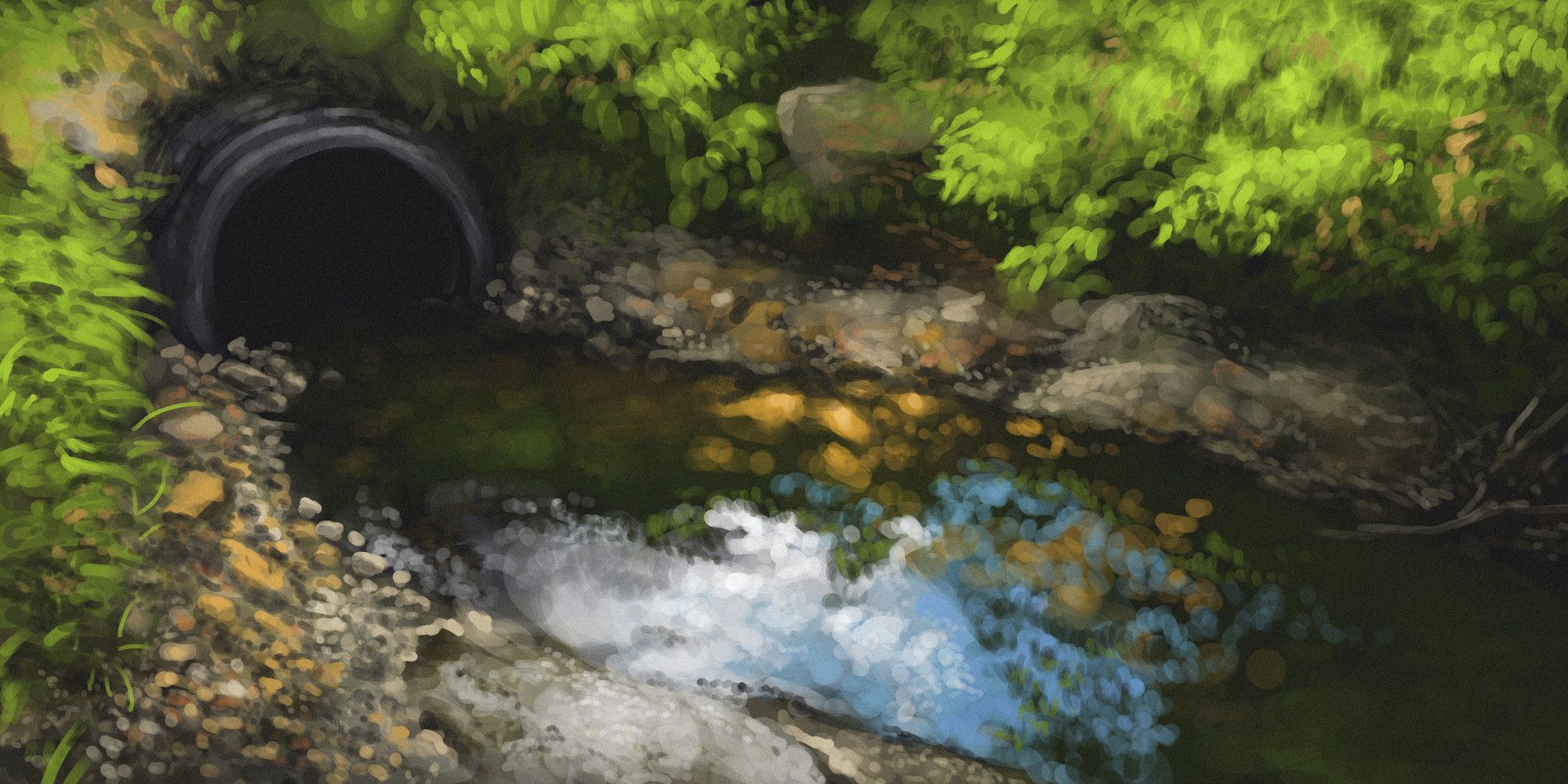 digital painting - a culvert overgrown with grasses and trees. the blue sky and clouds reflect in the water. there is nothing in the hole. there is nothing in the hole.