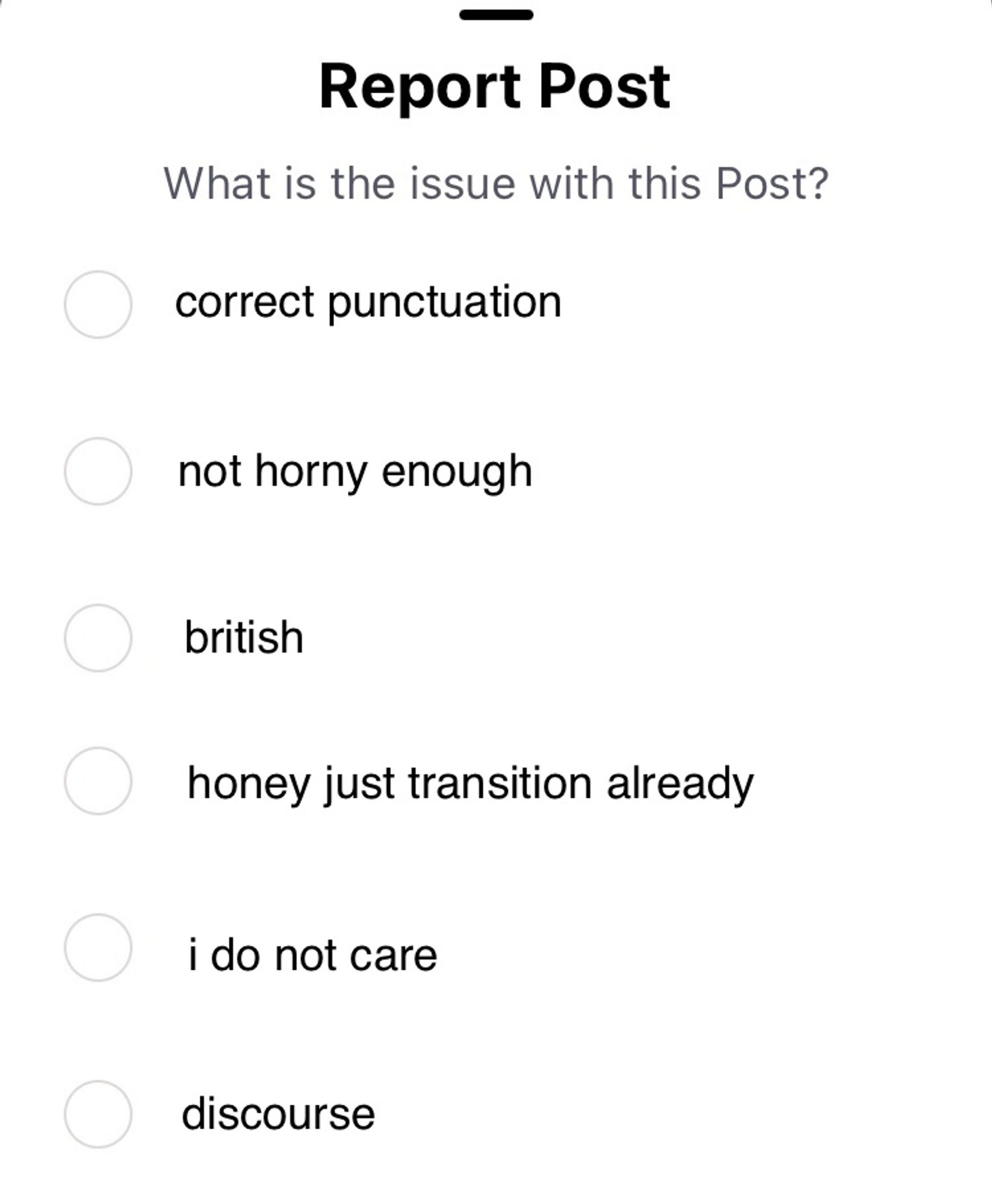 “Report post” screen, with the following options available:

- correct punctuation
- not horny enough 
- british 
- honey just transition already 
- i do not care 
- discourse