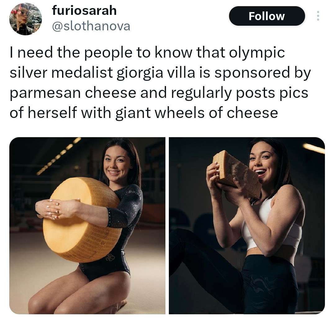 I need the people to know that olympic silver medalist giorgia villa is sponsored by parmesan cheese and regularly posts pics of herself with giant wheels of cheese